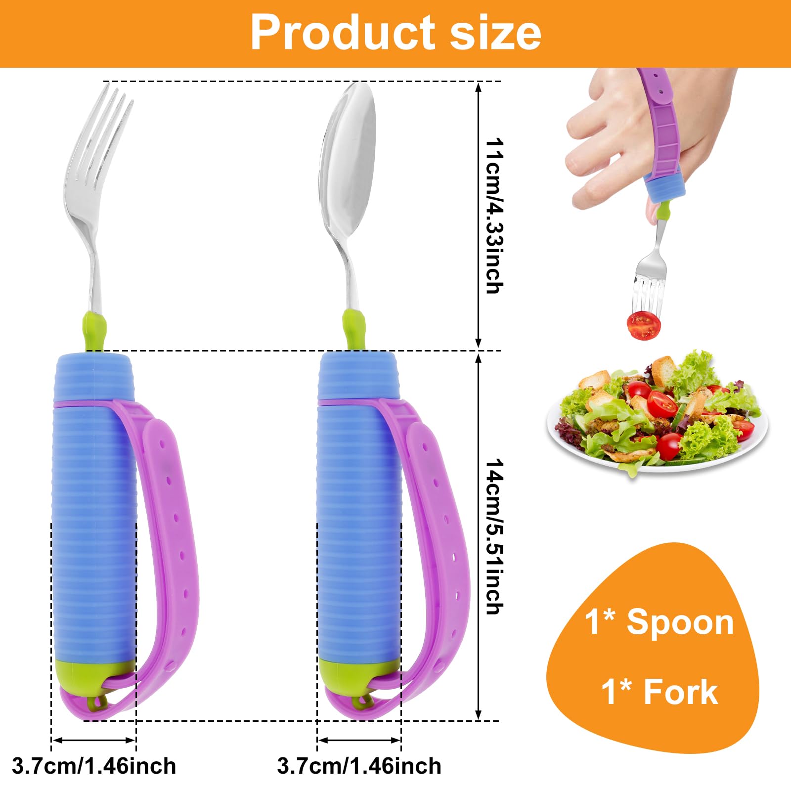 Juego de utensilios adaptativos con mango antideslizante y correa ajustable de silicona giratoria de 360° para discapacitados Ayuda a comer con cuchara y tenedor de acero inoxidable para