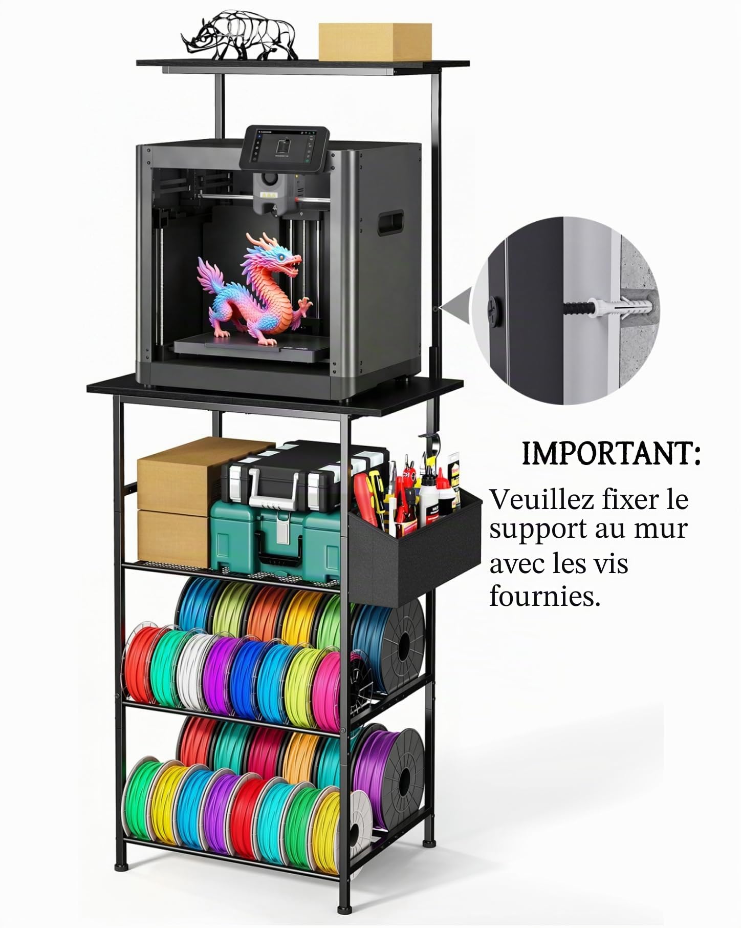 Table pour imprimante 3D, support imprimante à 5 niveaux, armoire d'imprimante en métal avec rangement pour filament et poche latérale, étagère pour imprimante à fixation murale pour bureau
