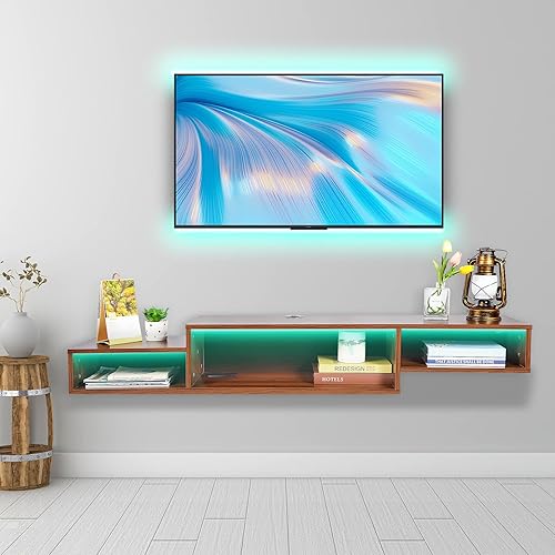 Miniatura 8 de ALAPUR Soporte flotante para TV con toma de corriente, centro de entretenimiento flotante de 59 pulgadas con LED marrón