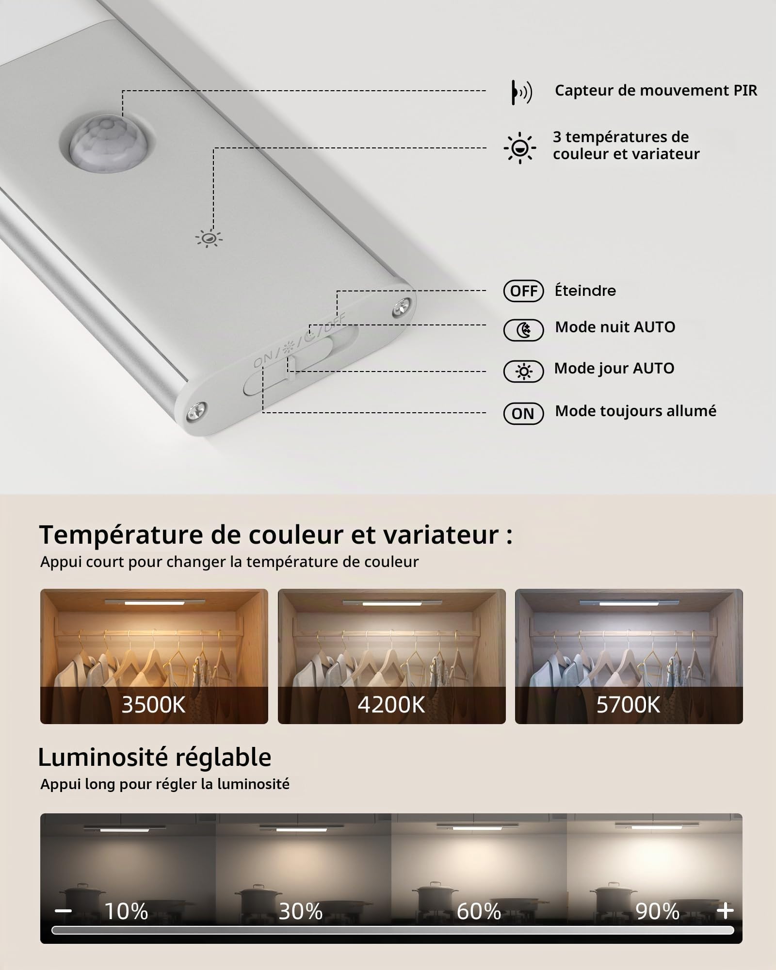 EZVALO Réglette LED Sous Meuble Avec Détecteur de Mouvement, Lampe Cuisine Rechargeable 2200mAh, 3 Températures de Couleur Réglables, 38 cm, lot de 2