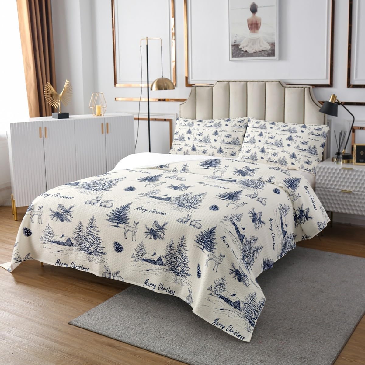 Erosebridal Navy Blue Christmas Bedspread Set King Size, Winter Village Quilt Set for Kids Adults, Christmas Tree Reindeer Pattern Coverlet Set, Xmas Holiday Theme Bed Set with 2 Pillowcases