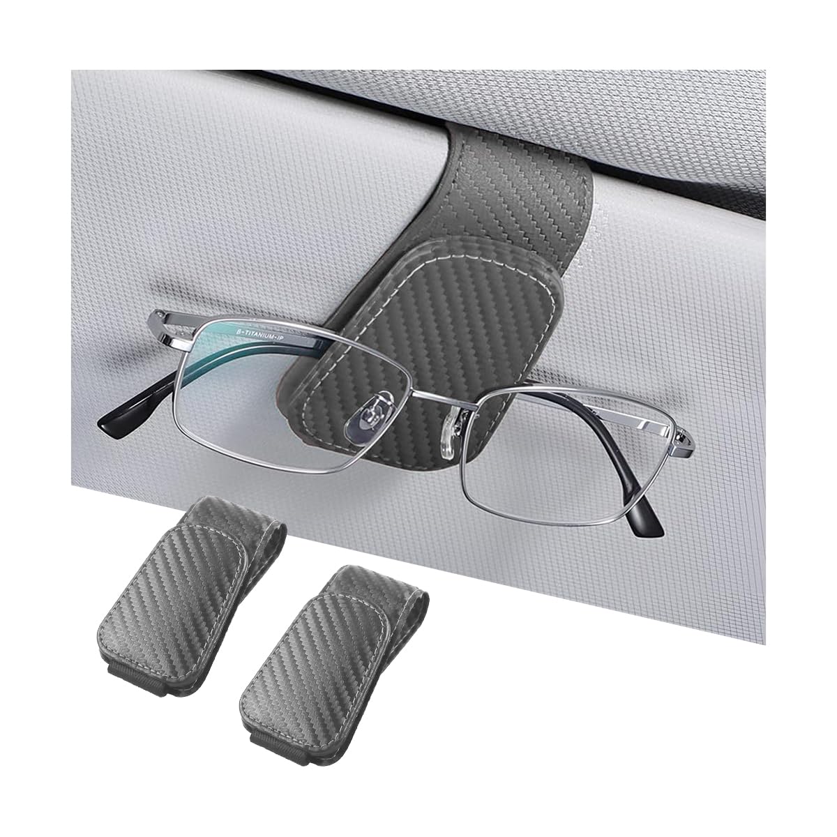 AICEL 2PCS Sunglasses Holders for Car Sun Visor, Carbon Fiber, Gray