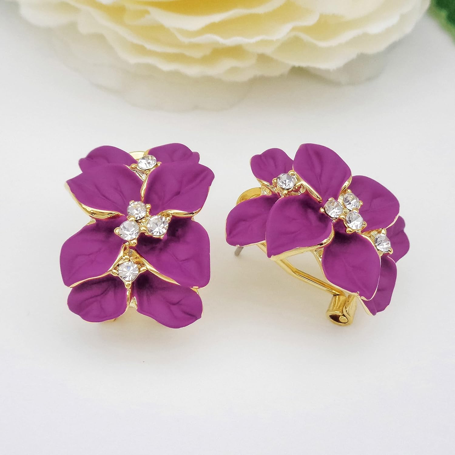 Navachi 18k Gold Plated White Crystal colorful Enamel Leaves Flower Omega Back Earrings - Image 5