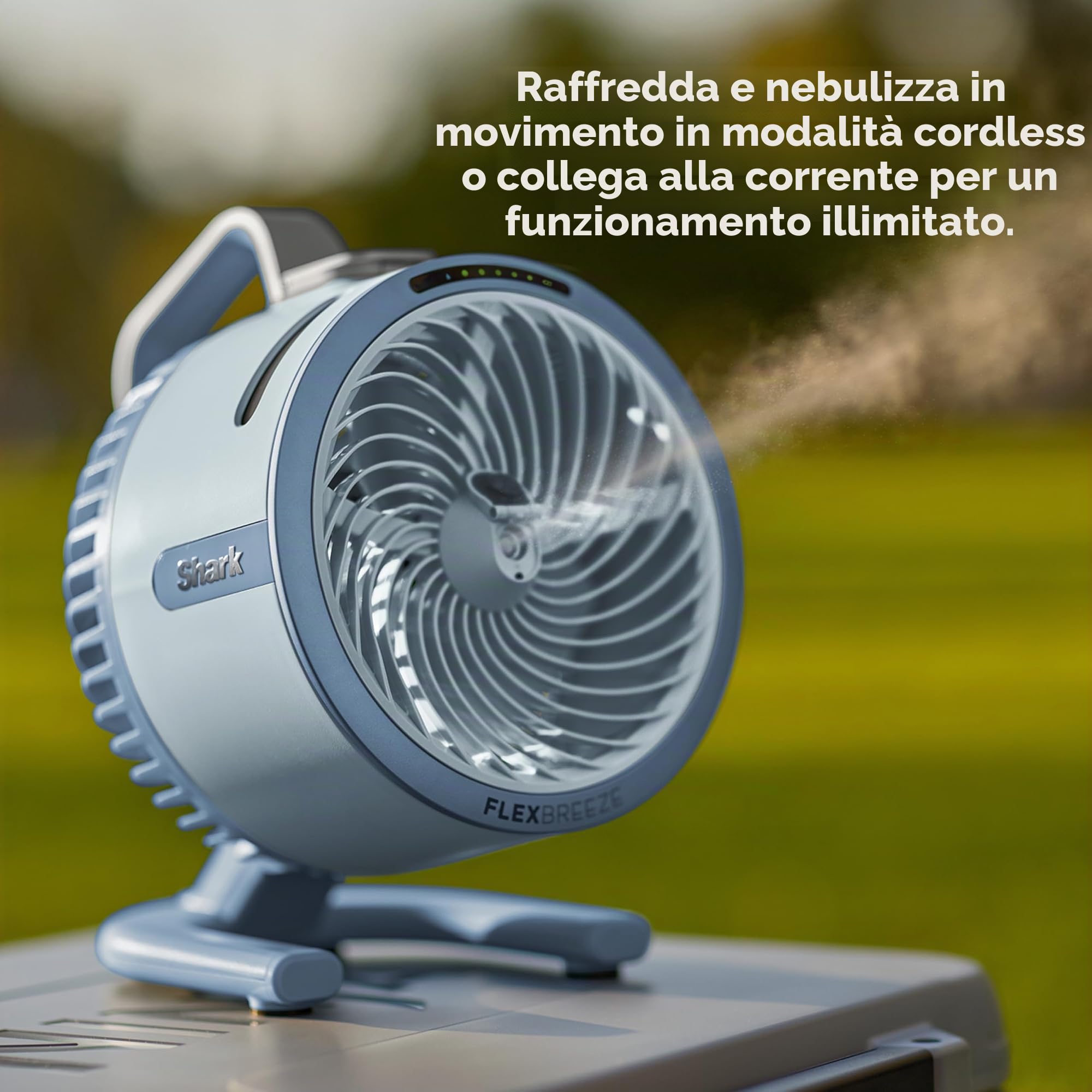 Ventola Shark FlexBreeze HydroGo Pro, potente ventilatore portatile, per interni ed esterni, nebulizzazione evaporativa a secco con filo e cordless, 5 velocità, autonomia prolungata della batteria