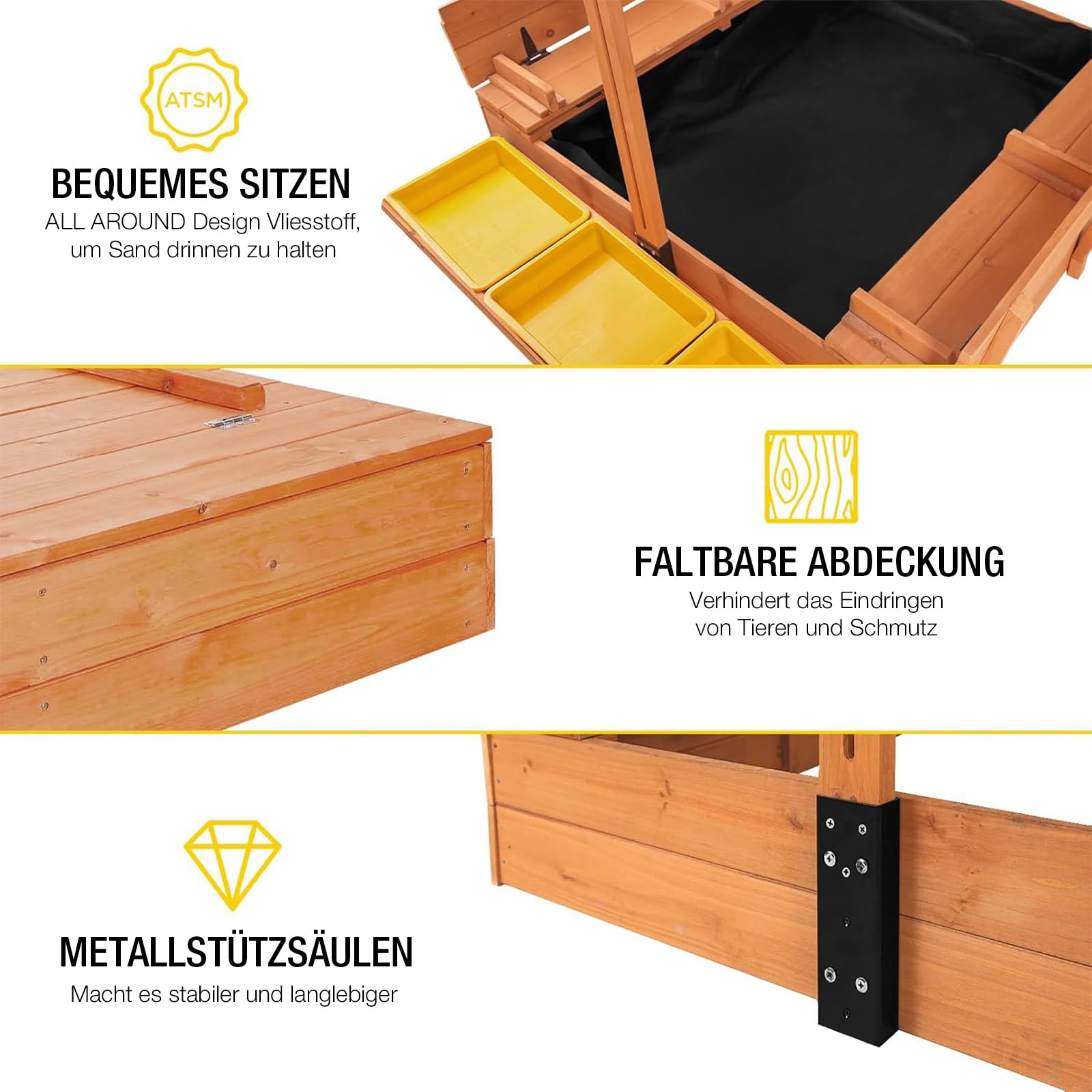 Aivituvin Kinder Sandkasten mit Abdeckung, 120x120x132cm Holz Deckel sandkiste mit aufziehbarer Dach, faltbaren Sitzbänken für draußen mit Aufbewahrungsbox
