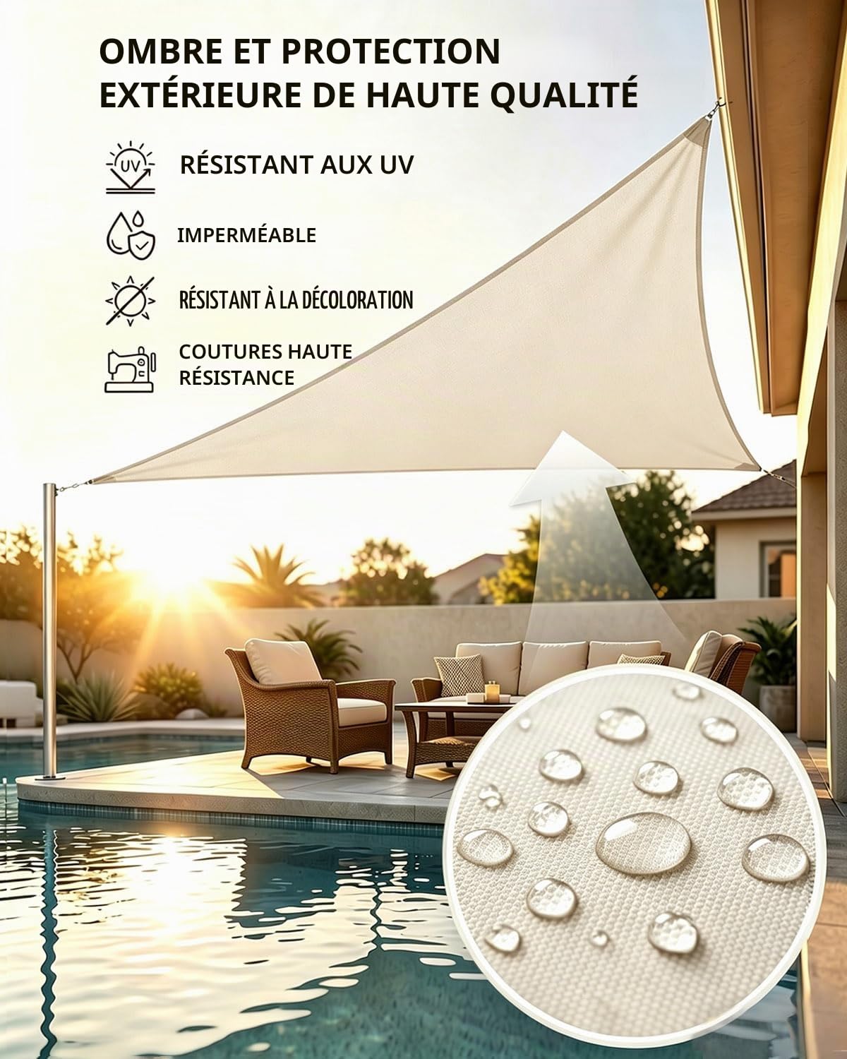 Voile d'ombrage triangulaire, 3 x 4 x 5 m, imperméable, protection solaire, coupe-vent, en polyéthylène haute densité de qualité supérieure, résistant aux intempéries, respirant avec 95 % de