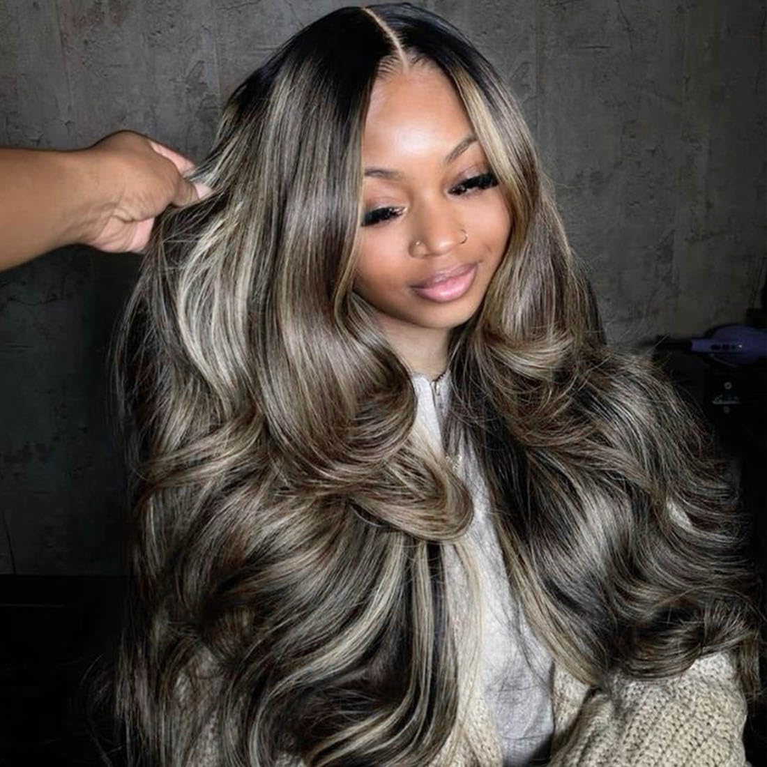 Rina Upgrade Black with Brown Blonde Highlight Wig Human Hair 210% Density 13x4 HD Body Wave Luxury Balayage Blonde Highlight Wig 12A Grade Raw Hair Pre Plucked Ombre Lace Front Wig for Women 26 Inch