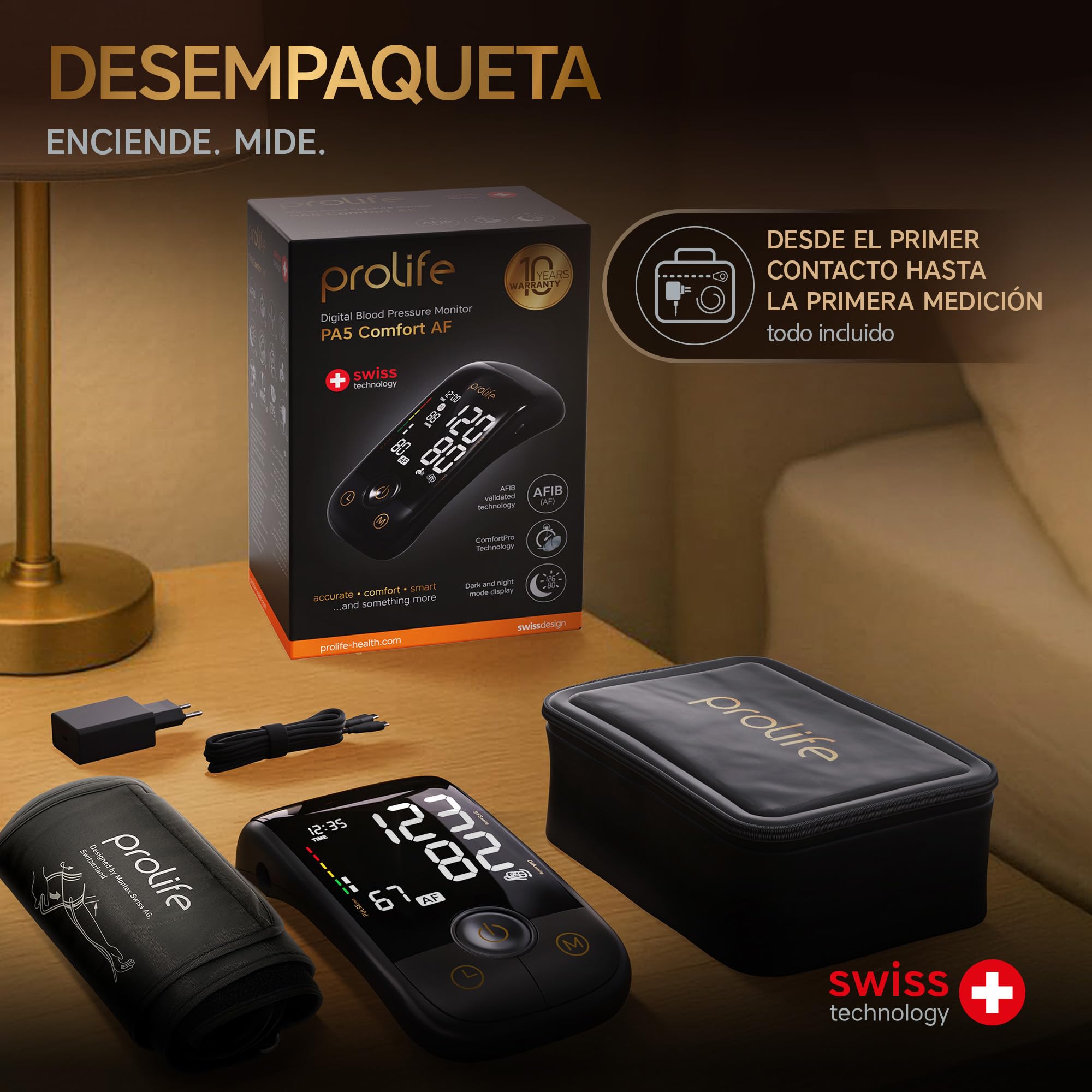 Prolife PA5 Comfort AF – Tensiómetro de Brazo Digital con Detección AFib Smart, Medidor de Tensión Arterial Preciso con Manguito Universal y Adaptador