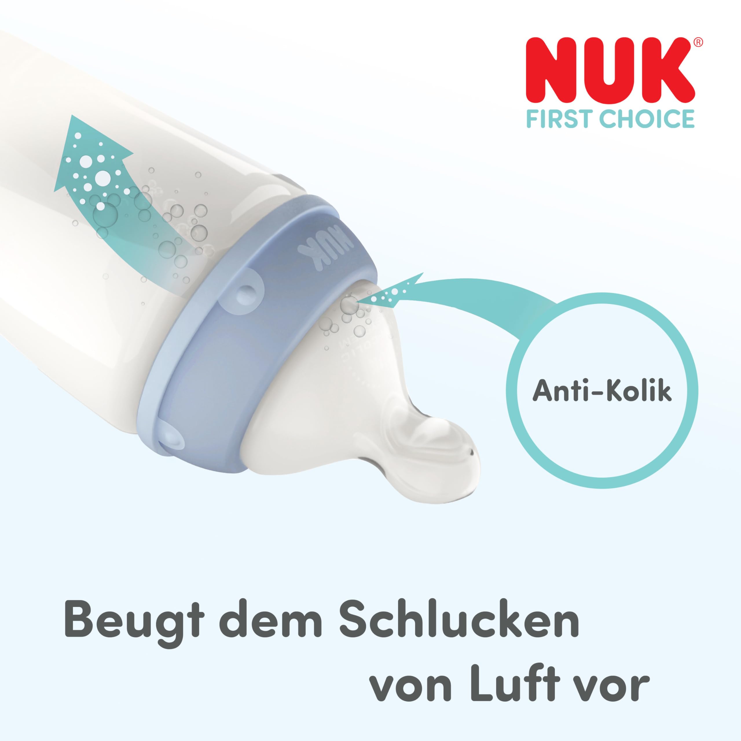 NUK First Choice Smoczki do butelek | 6+ miesięcy | Smoczki antykolkowe do butelek | Silikonowe | Kontrola przepływu | 2 sztuki