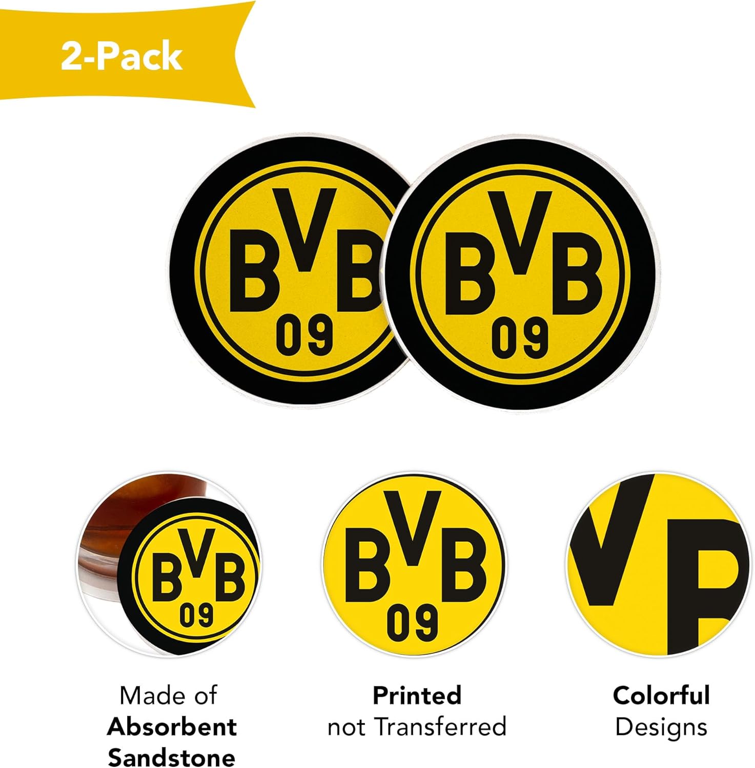 Desert Cactus Borussia Dortmund FC Car Accessories BVB German Germany Die Schwarzgelben Soccer Absorbent Sandstone Cup Coasters Licensed Product Set of 2 (Design B) - Image 3
