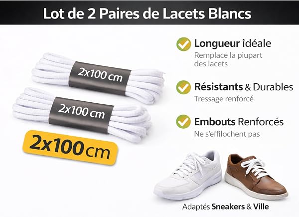 PARENCE. Set di 2 paia di lacci bianchi 100 cm - Lacci tondi in tessuto - Lacci resistenti per sneakers, sneakers e scarpe - 4 lacci - 3