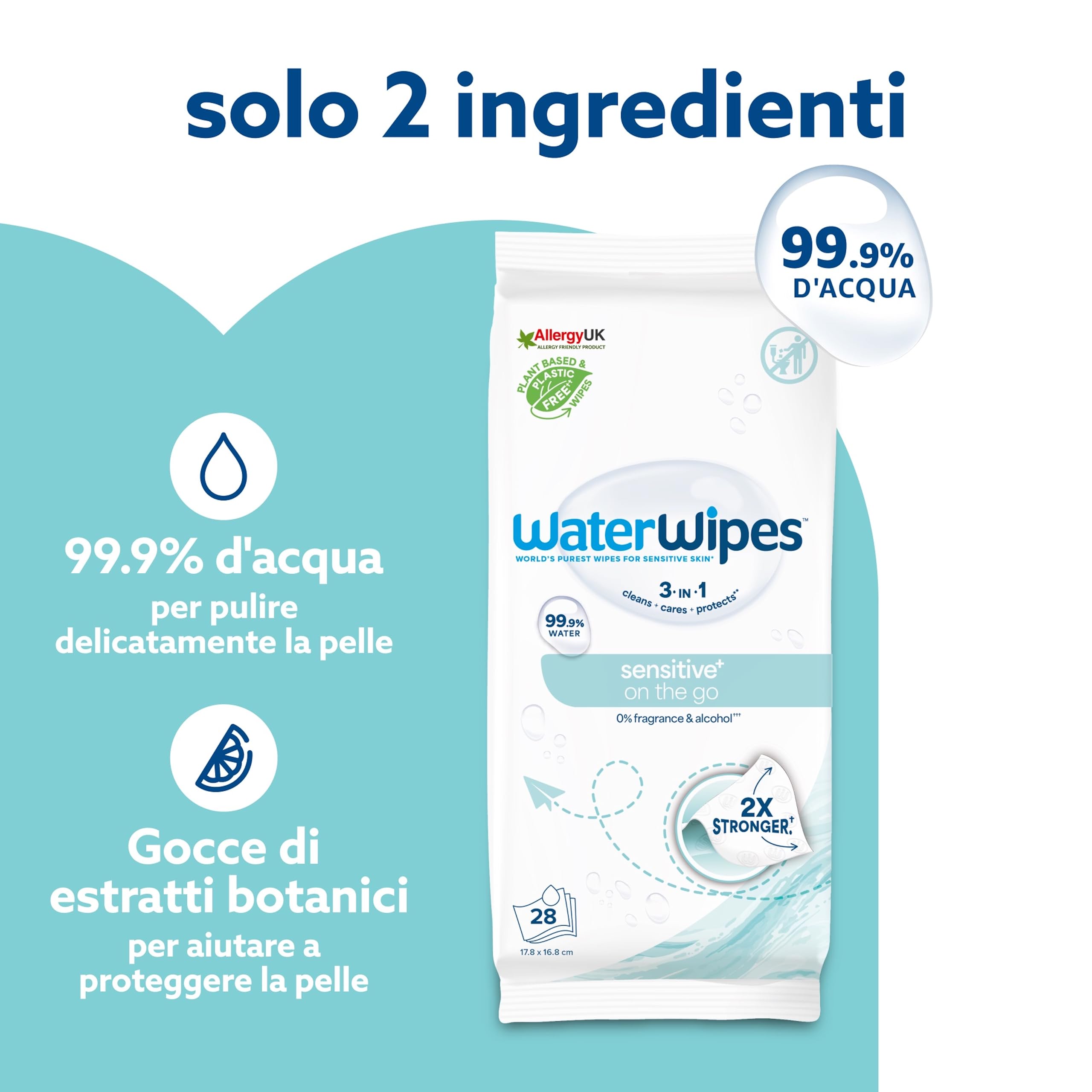 WaterWipes Sensitive+ On The Go Wipes, 224 Pezzi (8 Confezioni), Deterge, Cura, Protegge, 99,9% Acqua, Salviette Umidificate Senza Profumo