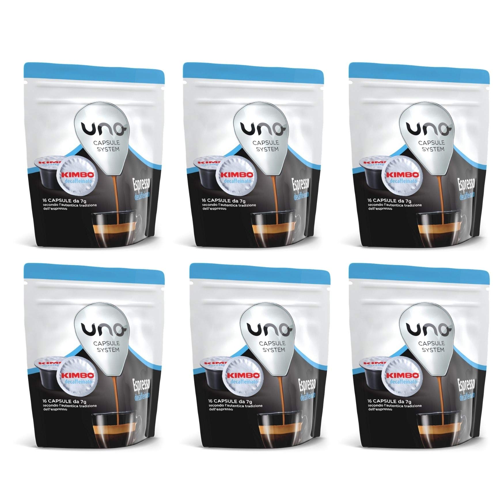 Kimbo Cápsulas de Café Espresso Descafeinado (Deca), Kimbo UNO System, 6 paquetes de 16 cápsulas (Total 96 Cápsulas)