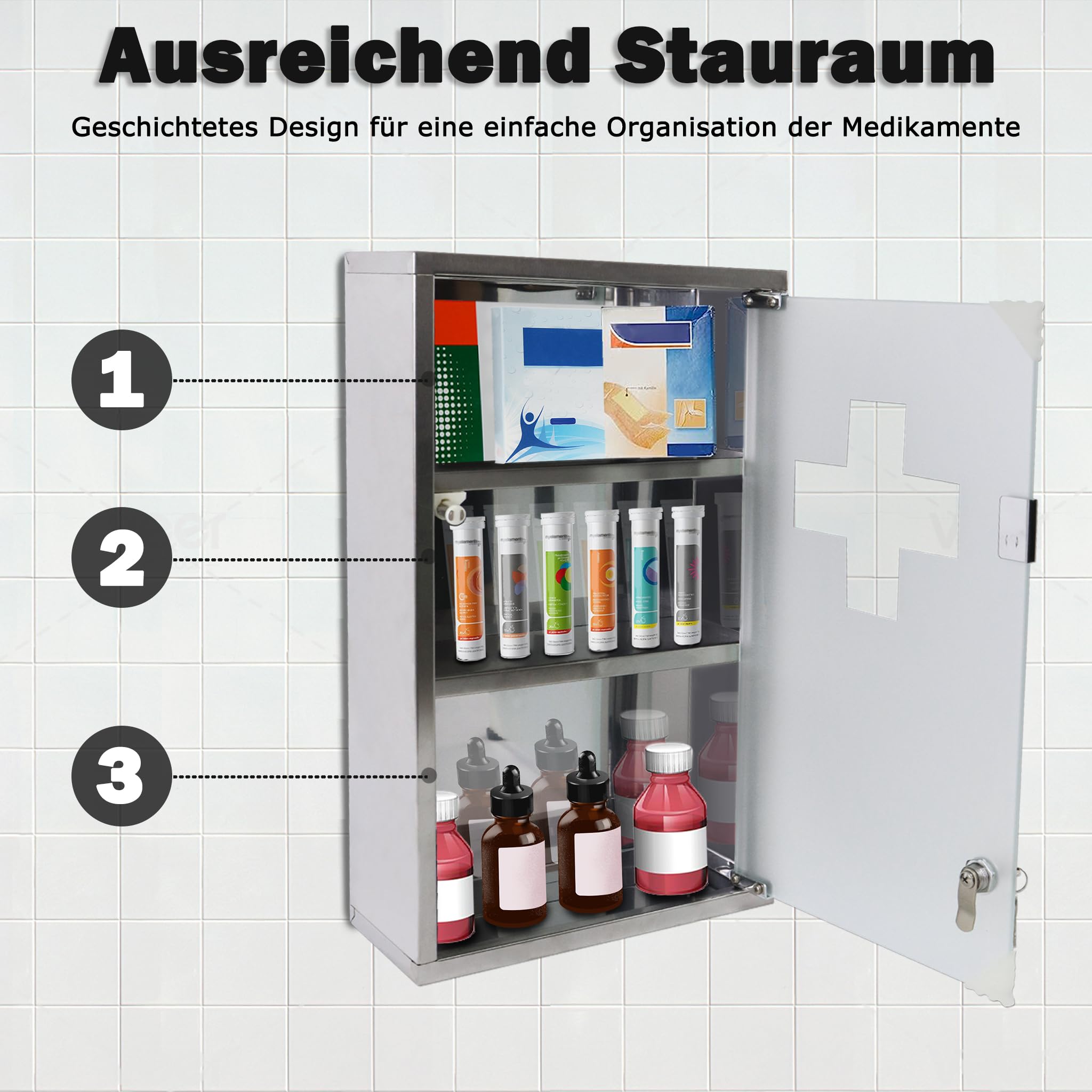 UISEBRT Medizinschrank aus Edelstahl 30 x 12 x 50cm, 3 Fächer Abschließbar Arzneischrank mit Glastür, Erste Hilfe Schrank inkl. 2 Schlüsseln, Medikamentenschrank Apothekerschrank, Silber