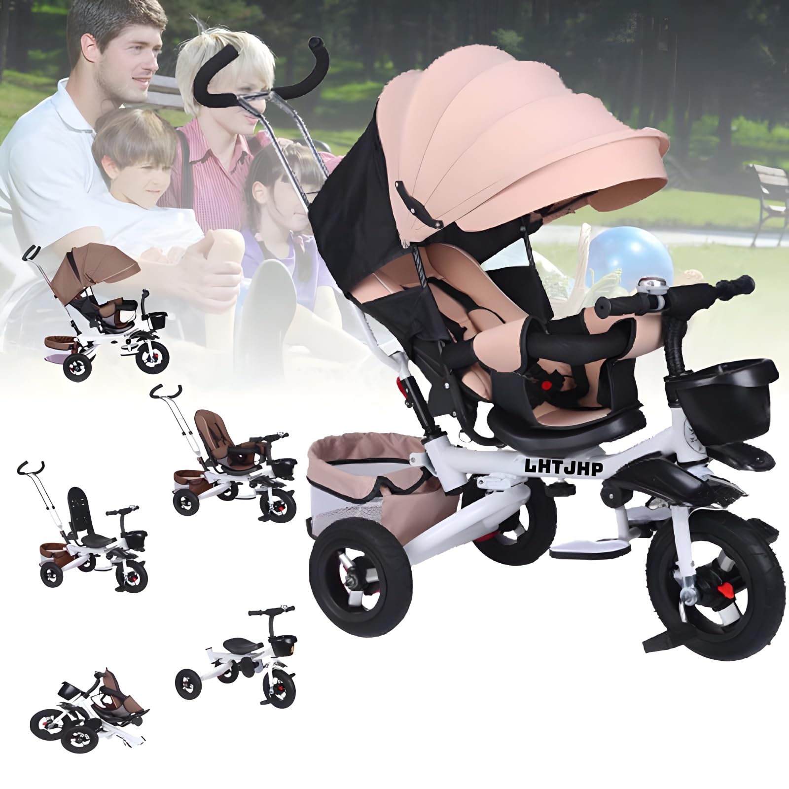 Kids Tricycle, 4 in 1 Kids Trike, Folding Tricycle Stroller with Push Handle, Removable Canopy, Rotatable Seat, Rubber Wheels, White+Khaki