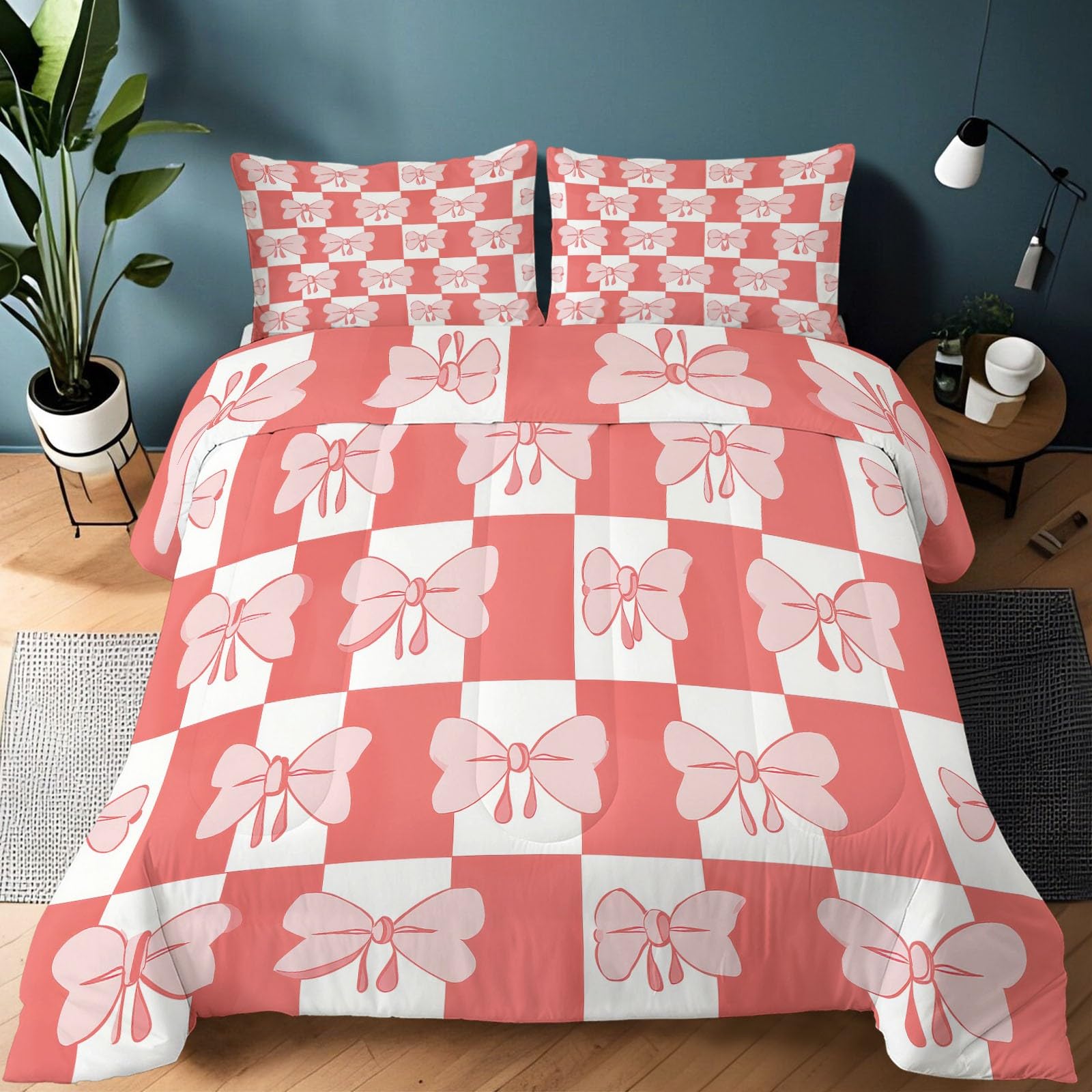 Generico Kołdra 150 x 200 cm Różowa Kokarda W kratę Kołdra 4 Pory Roku Ultra Miękki Dwustronny Nadruk Ultra Miękki Koc Na Łóżko Zimowe, Nadający się do prania, Kołdra dla Dorosłych Dzieci z 2