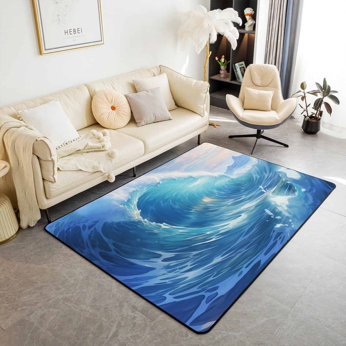 Bleu Ocean Tapis Salon pour Enfants Adolescents Adult,Tapis Vagues 100x150,Catastrophes Naturelles Tapis Intérieur Et Extérieur Rectangulaire,Tsunami Illustration Salon Home Decor Tapis