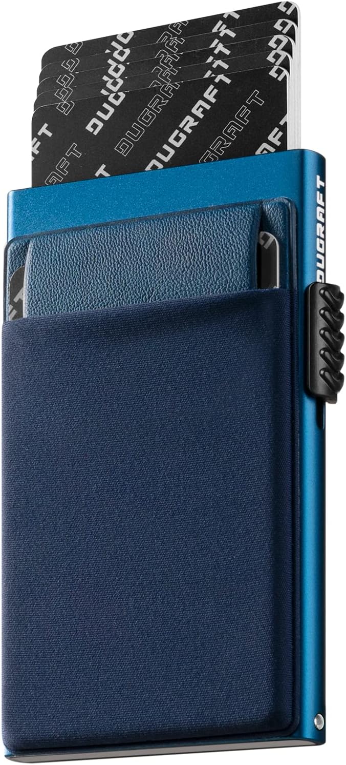 DUGRAFT Men's Pop-Up Credit Card Holder Wallet - Slim RFID Blocking Aluminium Metal Wallet with Coin Pocket, Holds 6+ Cards & Cash | Minimalist Gift Box Included - UK Mens Wallets Essentials, Navy