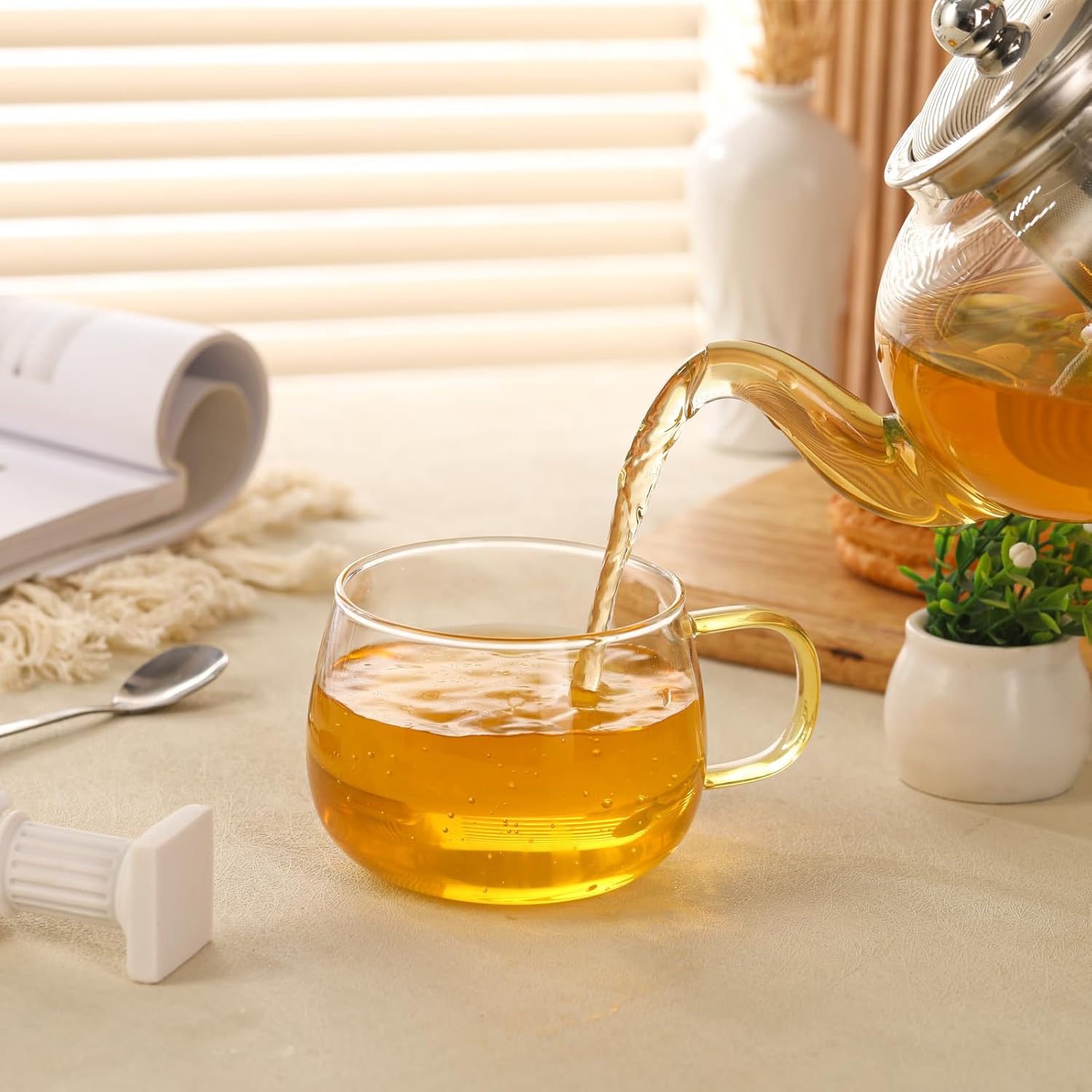 Glass Tea Cups Set of 4, Clear Borosilicate Glass Teacups with Colorful Handle for Tealover, Dishwasher & Microwave Safe Large Coffee Mugs for Espresso Cappuccino Latte Juice, 12OZ/360ML - Image 4