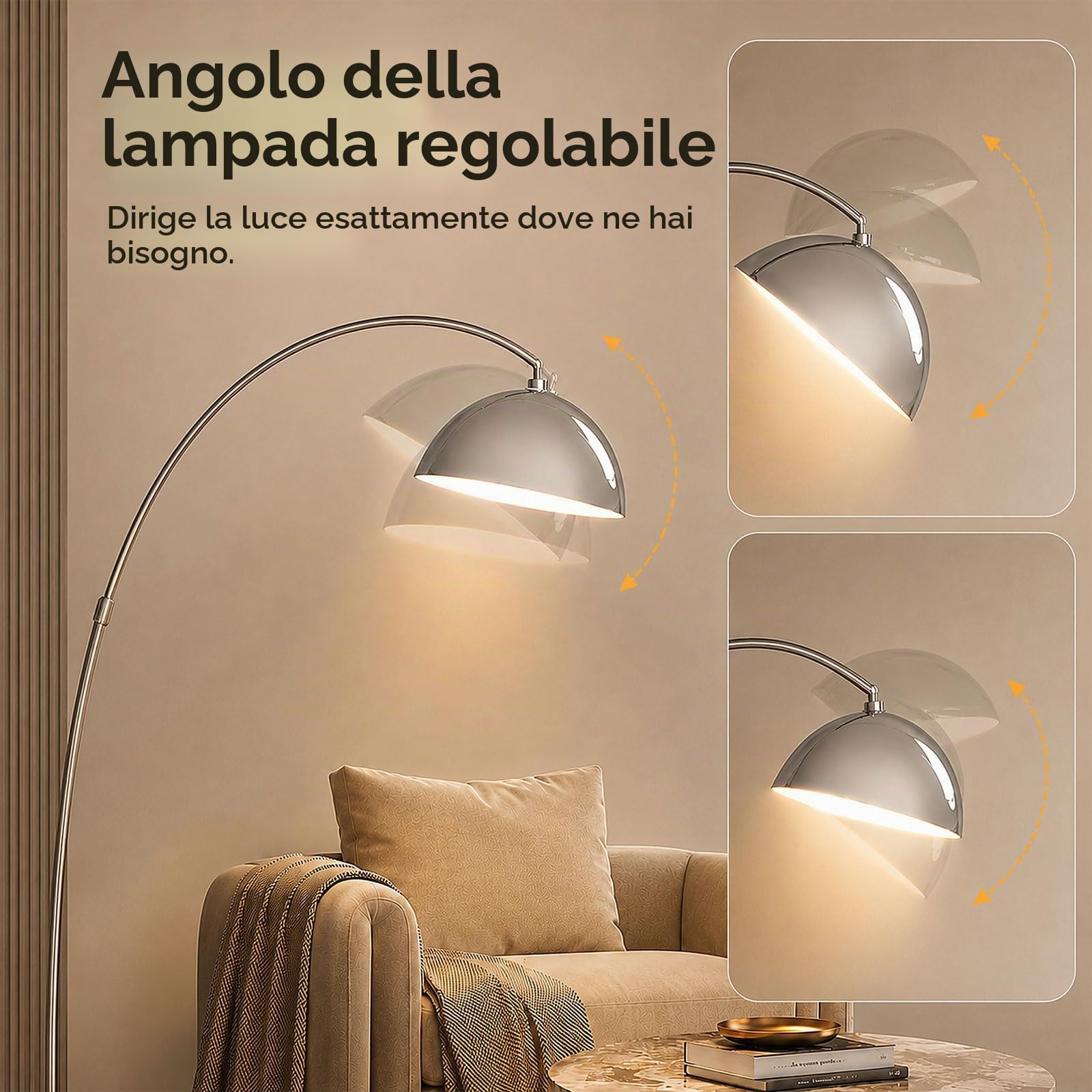 Lampada da terra ad arco per soggiorno, lampada da terra regolabile in altezza, lampada da terra in metallo nero lucidato, lampada da lettura alta e moderna con base in marmo