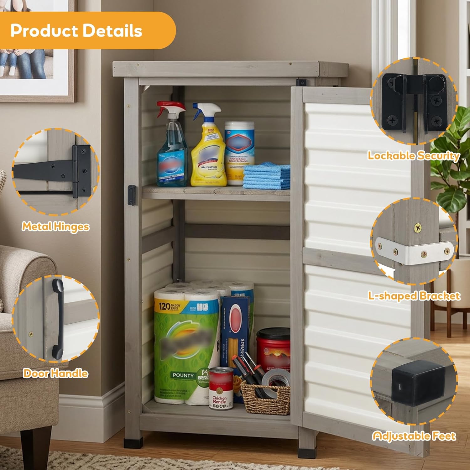 PetsCosset Small Outdoor Storage Cabinet, Wood & Plastic Potting Bench Table Tool Organizer for Patio Backyard Garden, Metal Top, Adjustable Shelf, Corner Storage for Narrow Spaces