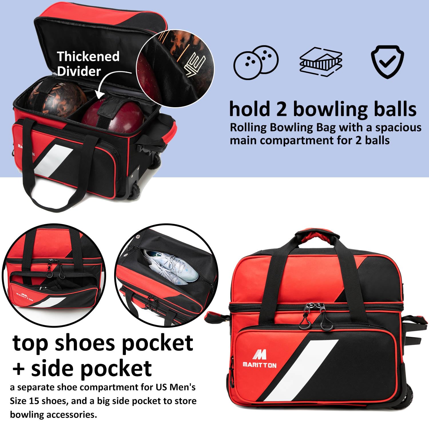 MARITTON Bowling Bag with Wheels Double Roller 2 Ball Bowling Separate Shoe Compartment and Oversized Accessory Pocket, 36.6