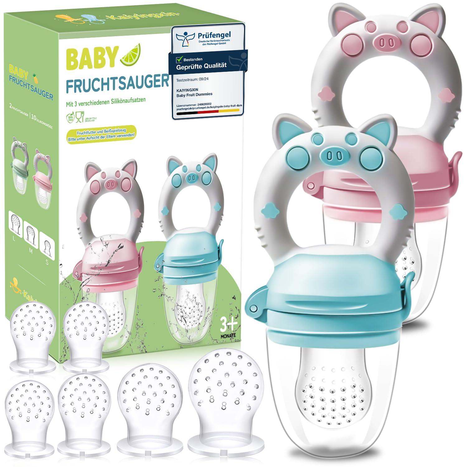 Fruchtsauger Baby, 2 Stück Obstschnuller für Babys ab 3 Monate, 2022 Upgrade Version, Schnuller Zum Befüllen, Breisauger, Obst Schnuller Baby, BPA frei, 8 Silikon Sauger in 3 Größen
