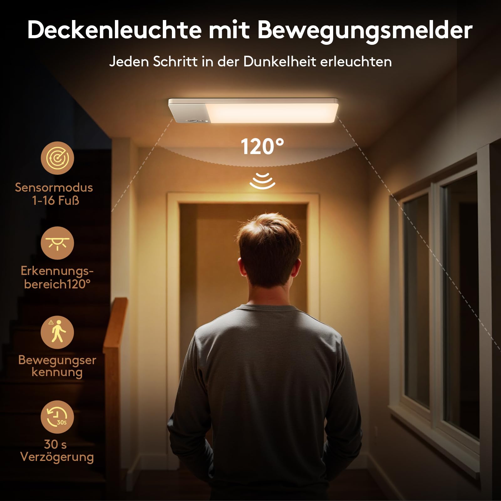Lámpara de techo LED con detector de movimiento y mando a distancia, regulable e inalámbrica, lámpara de techo con batería de 12000 mAh, duración ultra larga para escaleras, pasillos, garaje (2)