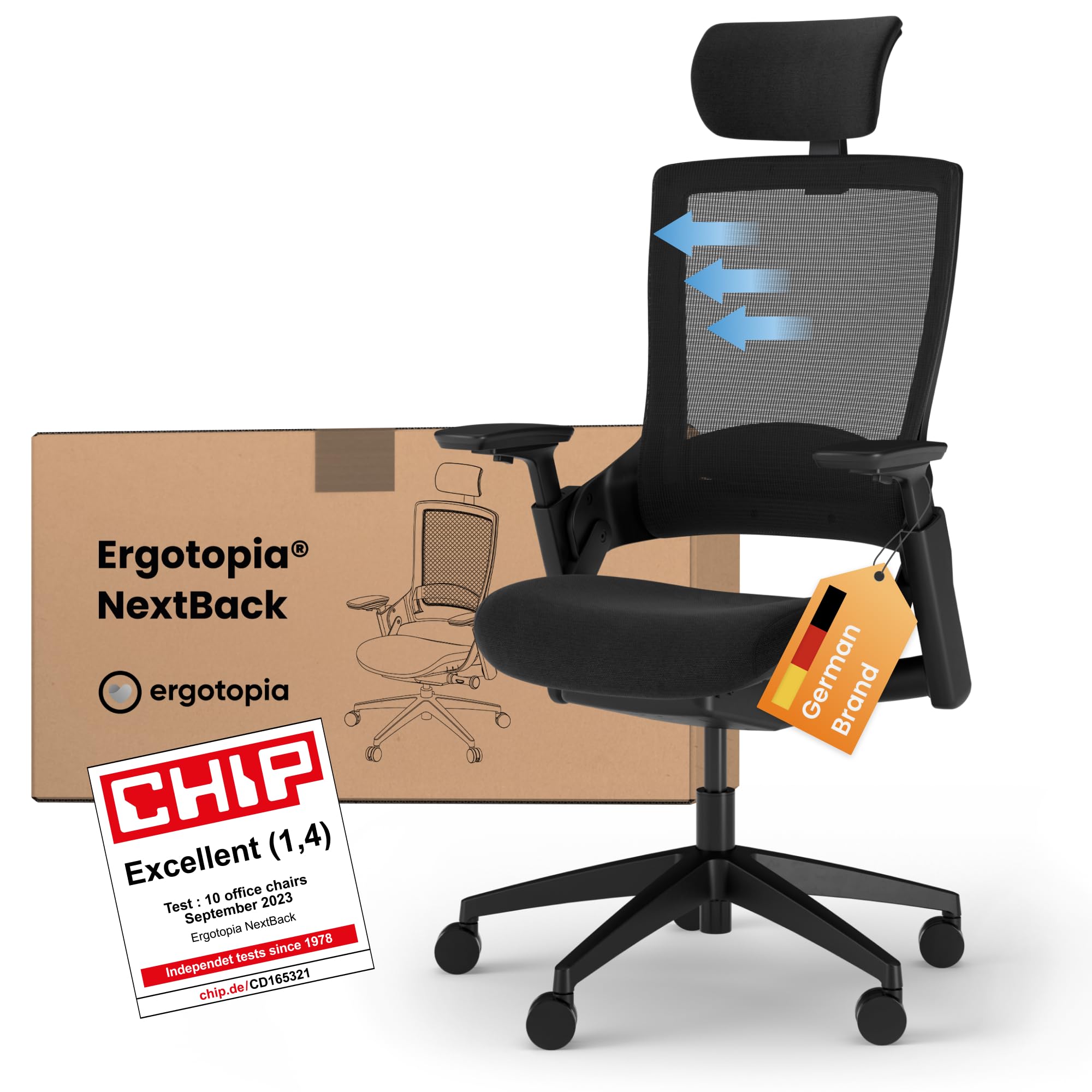 Ergotopia Nextback - Ergonomic Office Chair - Swivel Chair with Adjustable Headrest and Armrests - Ergonomic Chair with Headrest - Mesh Office Chair