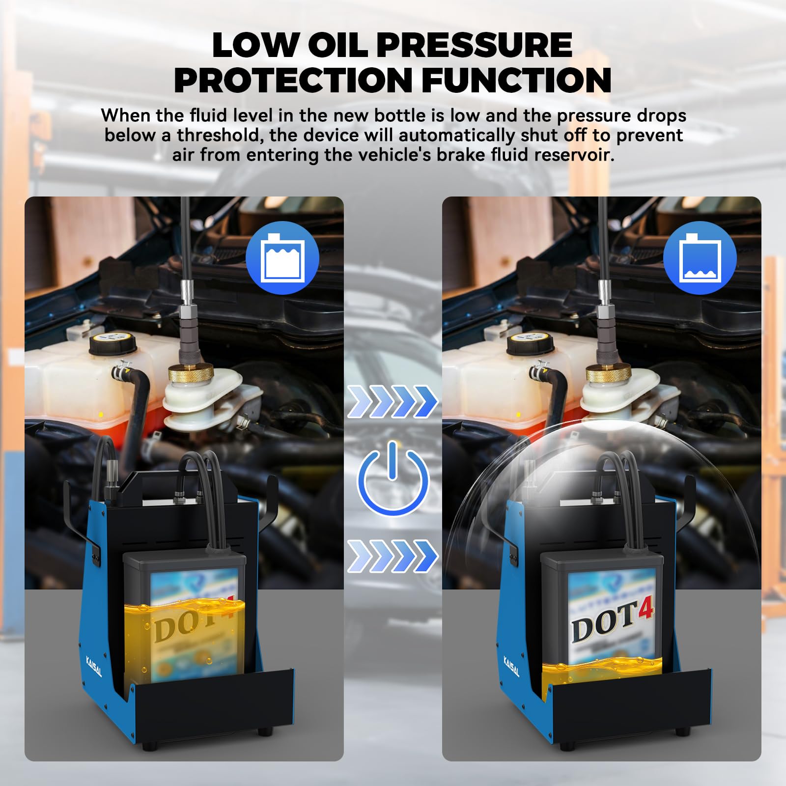 KAISAL Purgador de Frenos Eléctrico, 220V Pulso Brake Bleeder Kit, Máquina Automatizadas para Cambio de Líquido de Frenos de Coche, Protección contra Baja Presión de Aceite, 3 Adaptadores
