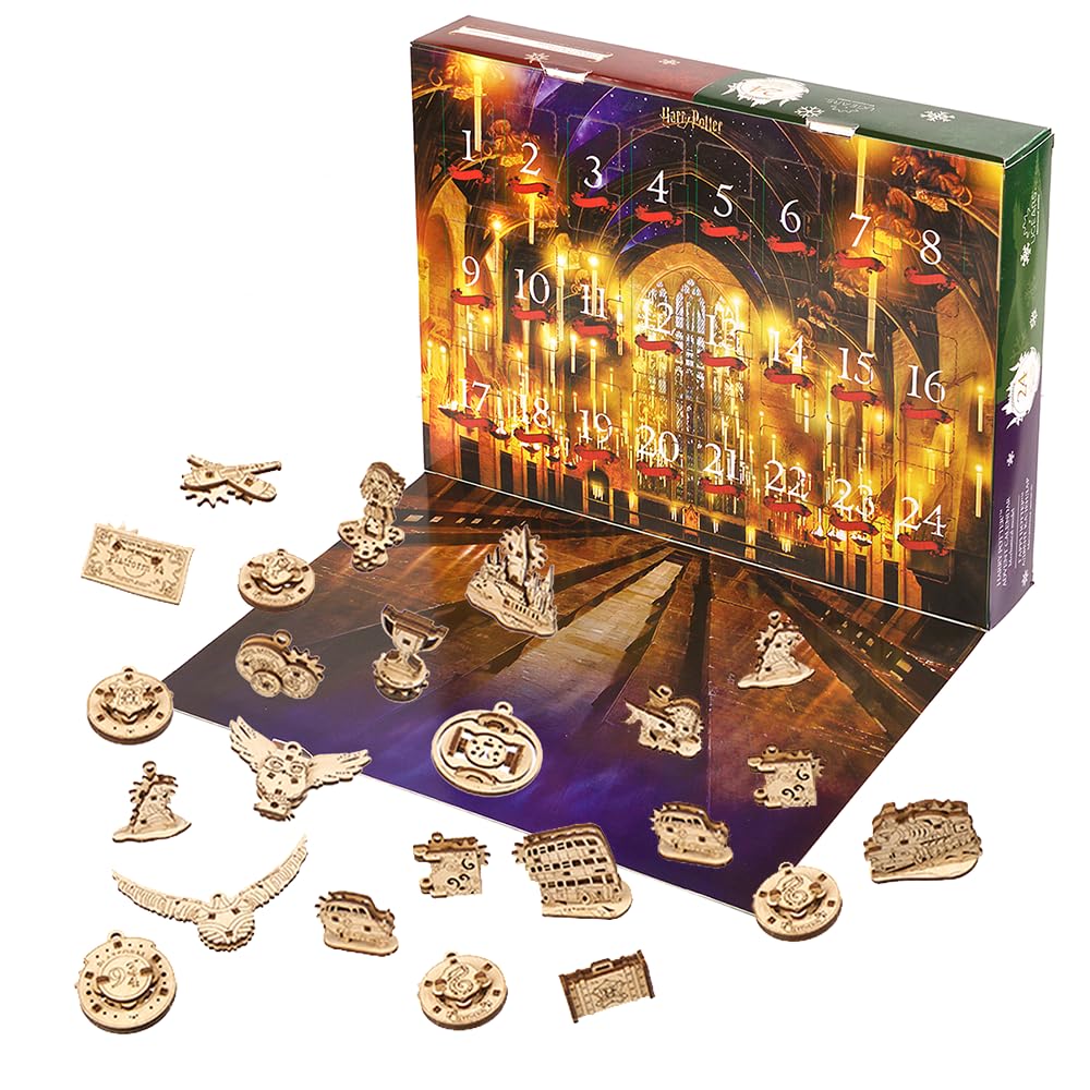 Ugears Calendario Avvento 2023 Harry Potter - Puzzle 3D Legno Modellini Calendario Dell'avvento di Natale con 24 Modellini in Legno da Costruire Include Decorazioni per L'albero di Natale
