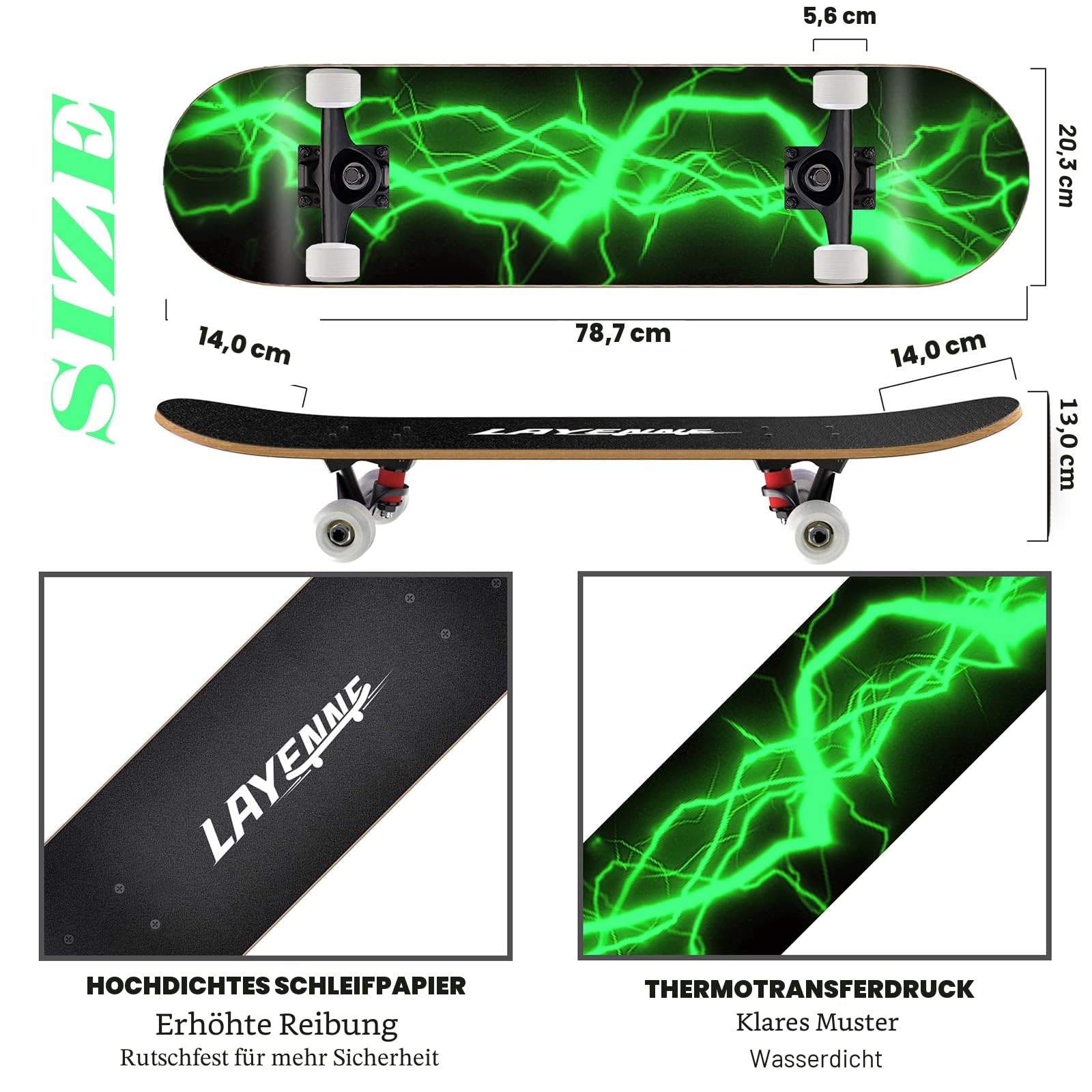 LAYENNE Skateboard, 31 * 8 Zoll Komplettes Skateboard, 7 Schichten Ahorn Skateboard Deck, ABEC-11 Halterung, Geeignet für Erwachsene, Anfänger, Jungen, Mädchen, Jugendliche und Kinder