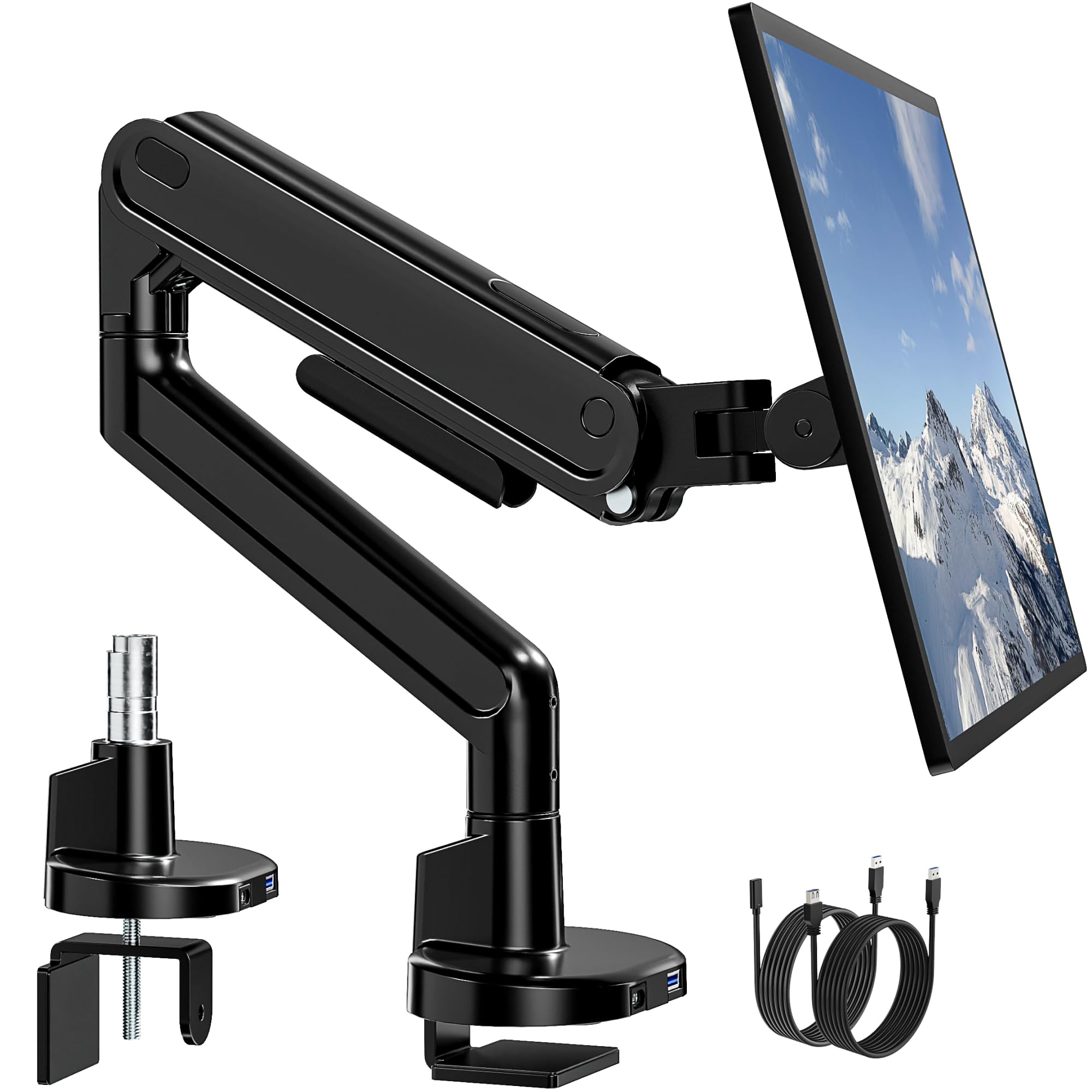 monTEK Braccio singolo per monitor con USB A/C, supporto regolabile per impieghi gravosi per schermi da 17″ a 40″, braccio Full Motions molla meccanica può contenere fino a 12 kg, VESA 75x75/100x100