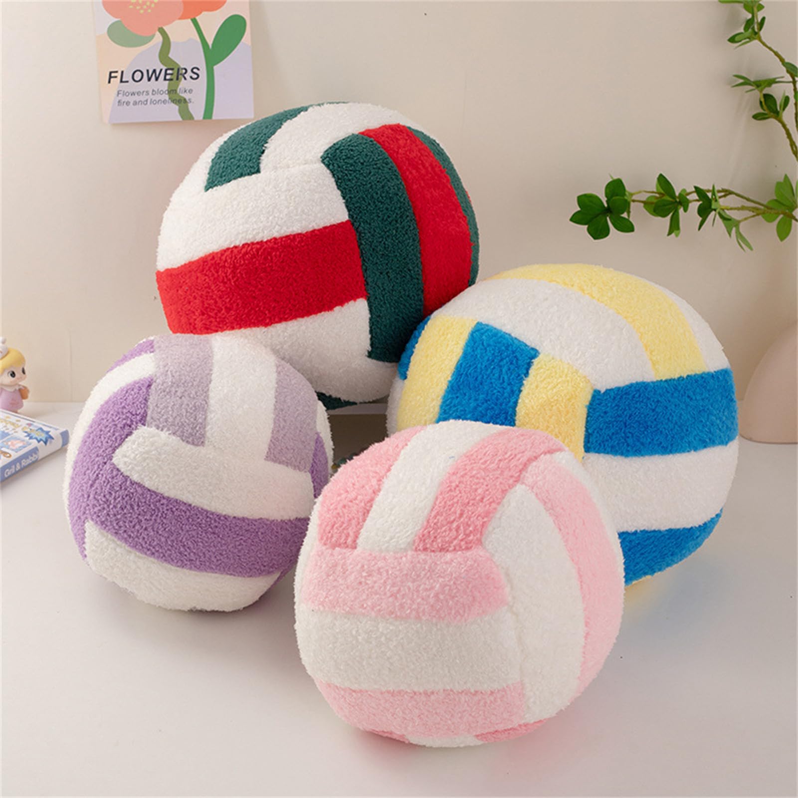 Volleyball-Plüschtier Kissen, 3D Runde Kissen Plüsch Ball Dekokissen, Plüsch Volleyball Spielzeug, Kinder Kuschelkissen, Sport Themenkissen für Kinderzimmer Dekoration (Rot-Grün,20 cm)