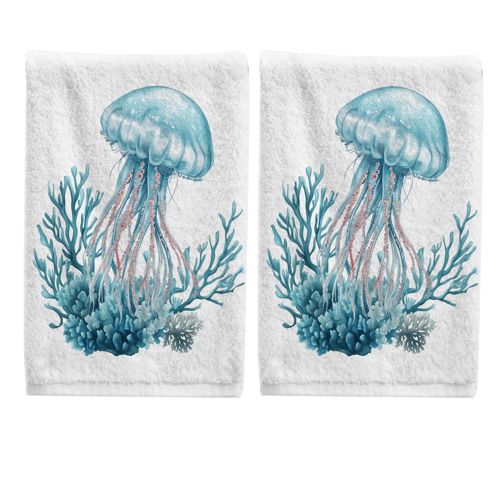 ALAZA Hand Towel Set of 2 100% Cotton Bath Towels Aqua Jellyfish Coral for Bathroom Housewarming Decor Gifts