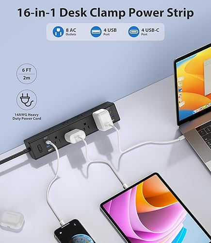 Miniatura 2 de Estación de carga rápida de 40 W, regleta de alimentación con abrazadera de escritorio 20 W USB C, 8 tomacorrientes, 8 puertos USB, 4 USB C y 4 USB