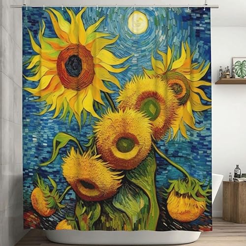 Juego de cortina de ducha de girasol para baño, pintura al óleo, hojas verdes, flores, bohemio, tela amarilla abstracta, moderna, impermeable,