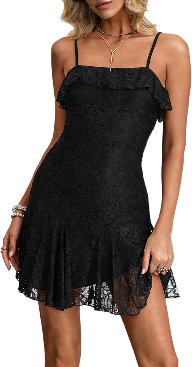 HYPERFIRE Women's Summer Spaghetti Strap Lace Mini Dress Ruffle Cami Short Dresses Party Evening