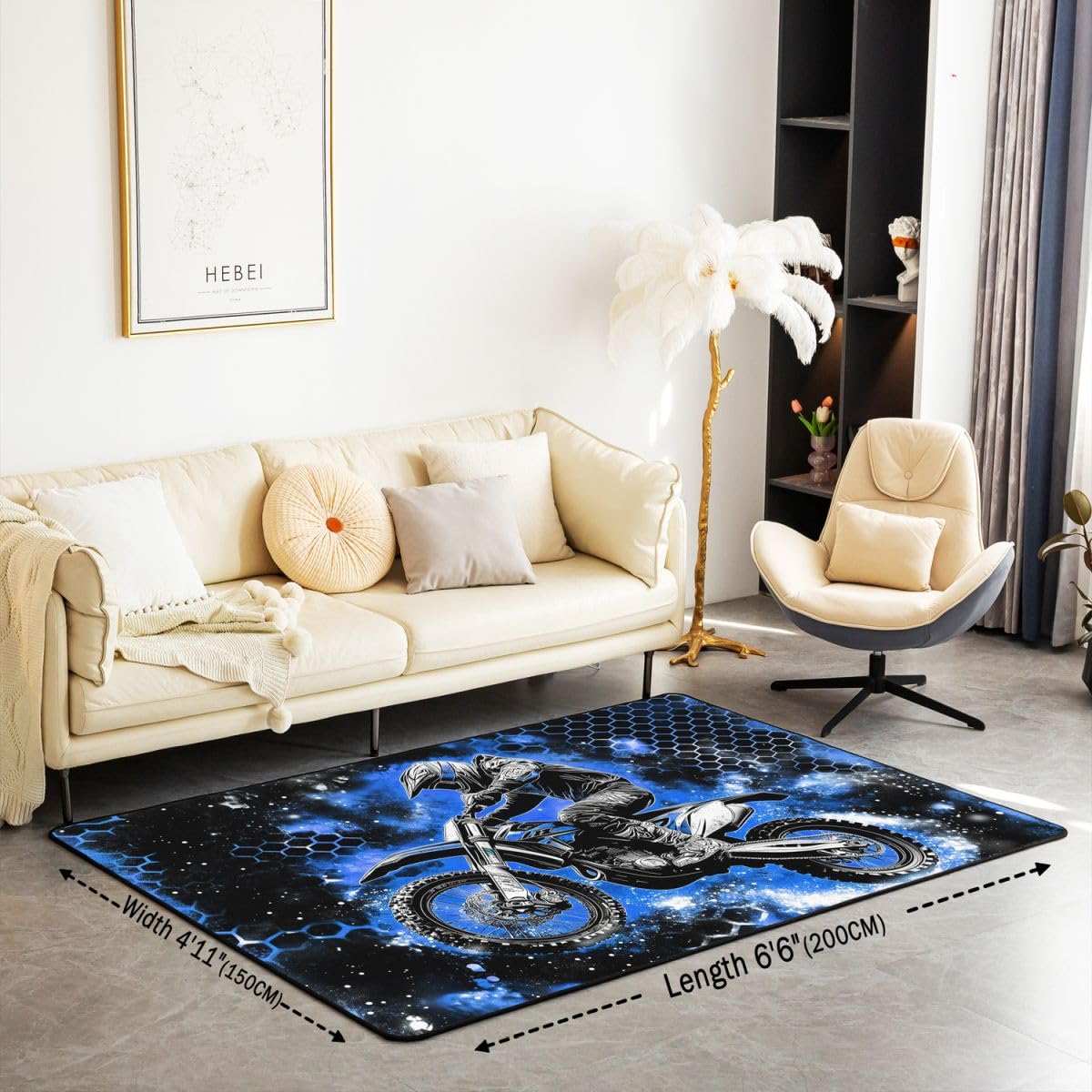 Motocross Wohnzimmer Teppich 150x200cm Extreme Sports Racing Dirt Bike Spiel Schlafzimmerbereich Teppich für Jungen Mädchen Geometrische Honeycomb Motorrad Sechseck Bodenmatte Heimdekor
