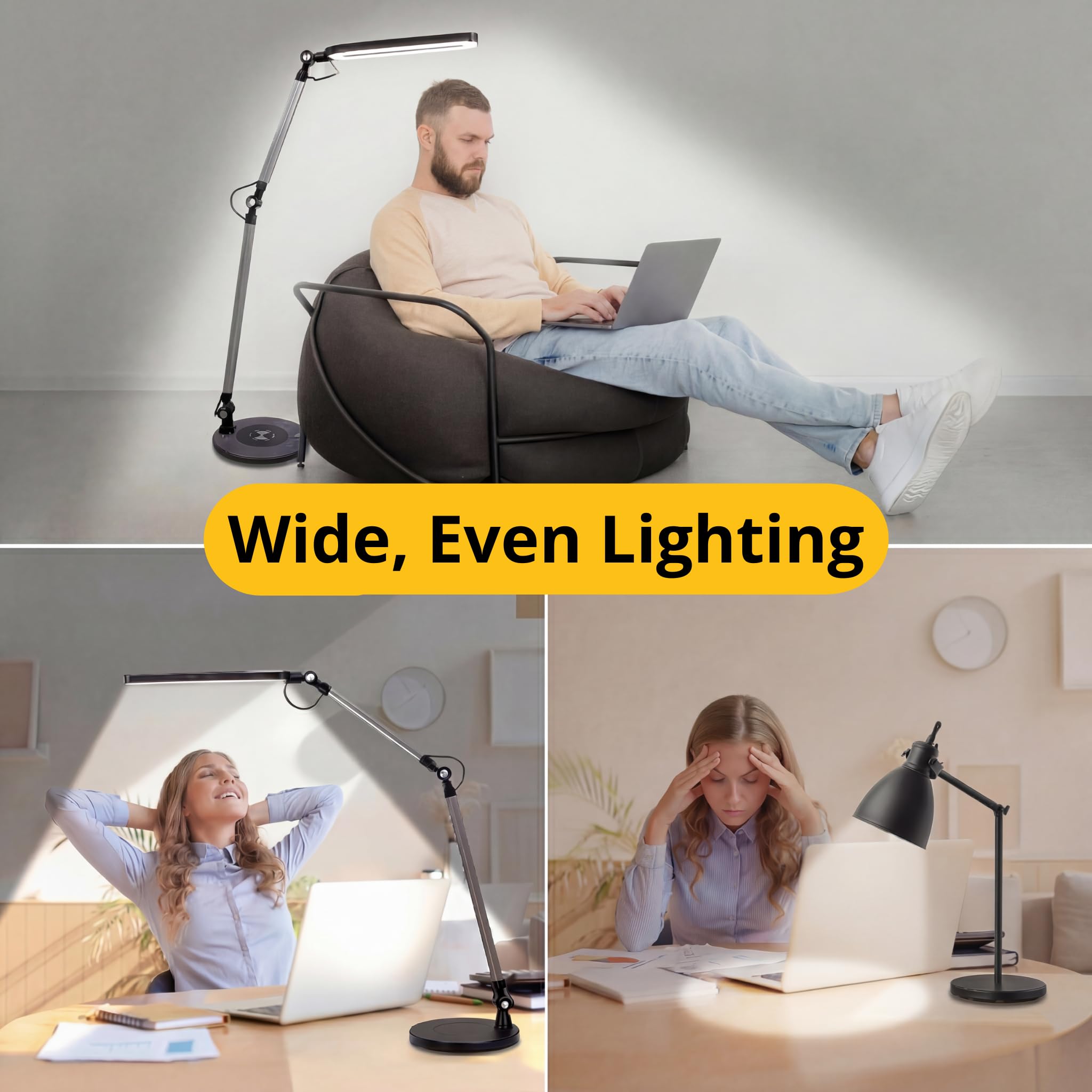 Lampada da Scrivania OTUS con Ricarica Wireless | 3 Colori & 12 Livelli di Luminosità | Lampada LED da Tavolo con Braccio Regolabile | Luce per Ufficio, Studio, Lettura, Videoconferenze