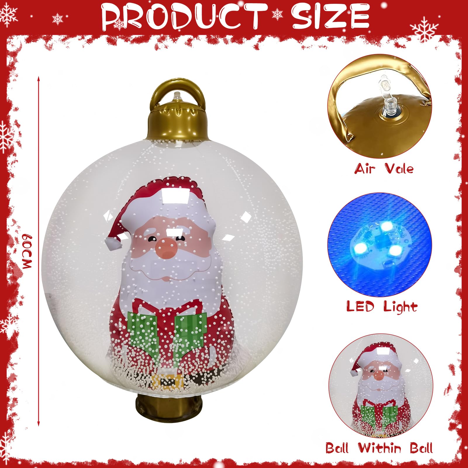 Boule De Noël Gonflable Géante 60 Cm - Décoration Extérieure PVC Avec Pompe - Motifs Flocons, Élans
