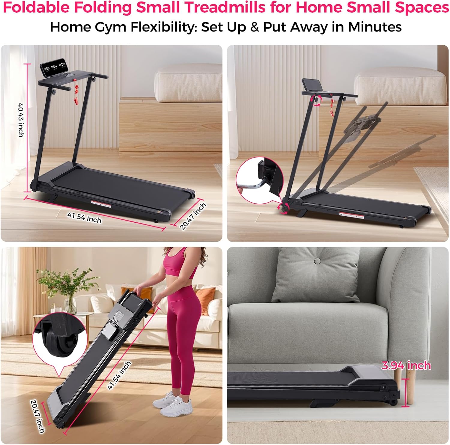 Walking Pad Treadmill with Handle Bar and Incline, 0.6-7.6MPH Electric Under Desk Treadmill for Home Small, 350LBS Mini Small Treadmills with Handles, 3.0HP Portable Treadmills for Home Exercising