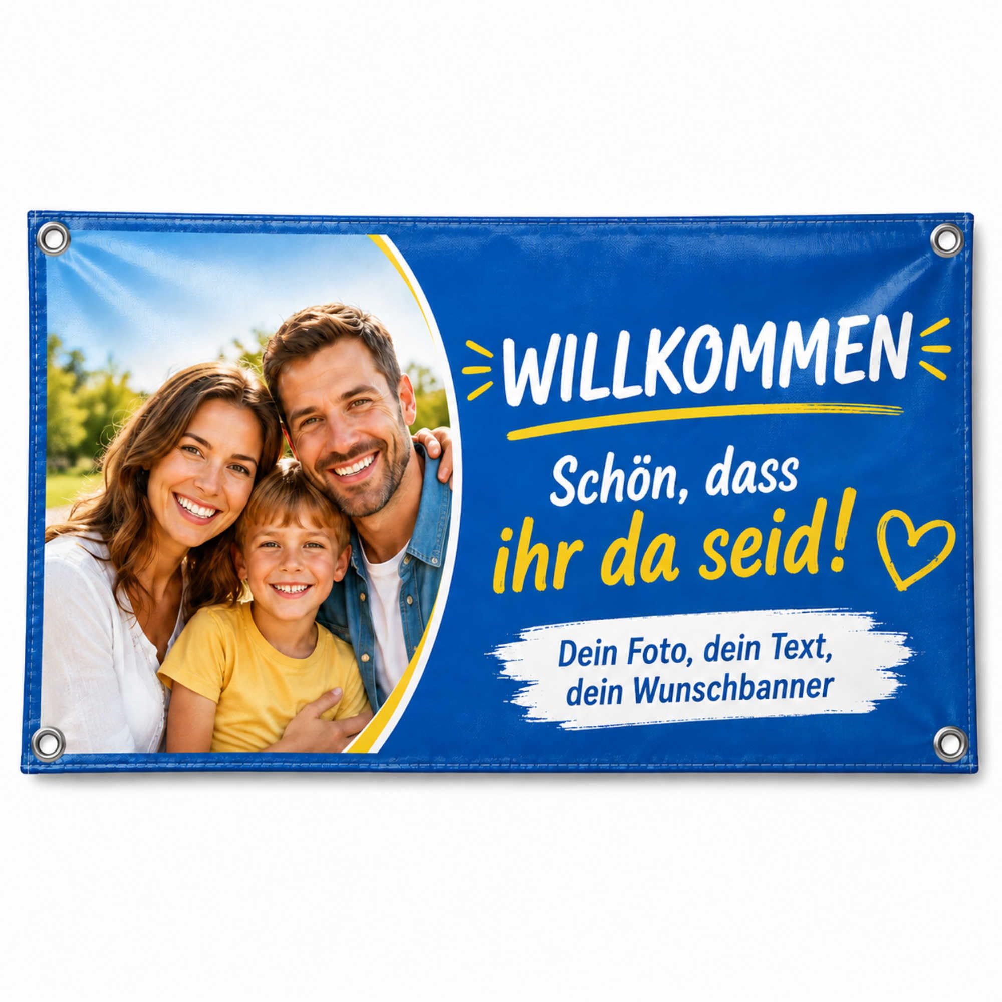 Banner selbst gestalten mit Foto, Wunschtext oder Bild - 100x100 cm - Plane personalisiert mit Saum & Ösen