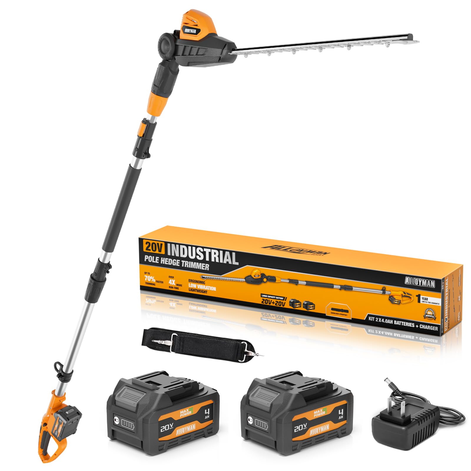 Alloyman 20V Pole Hedge Trimmer, Cordless Hedge Trimmer with 2 Packs 4.0Ah Battery & Charger, 9-Feet Reach, Electric Bush Trimmer with Extension Pole for Shrubs Pruning