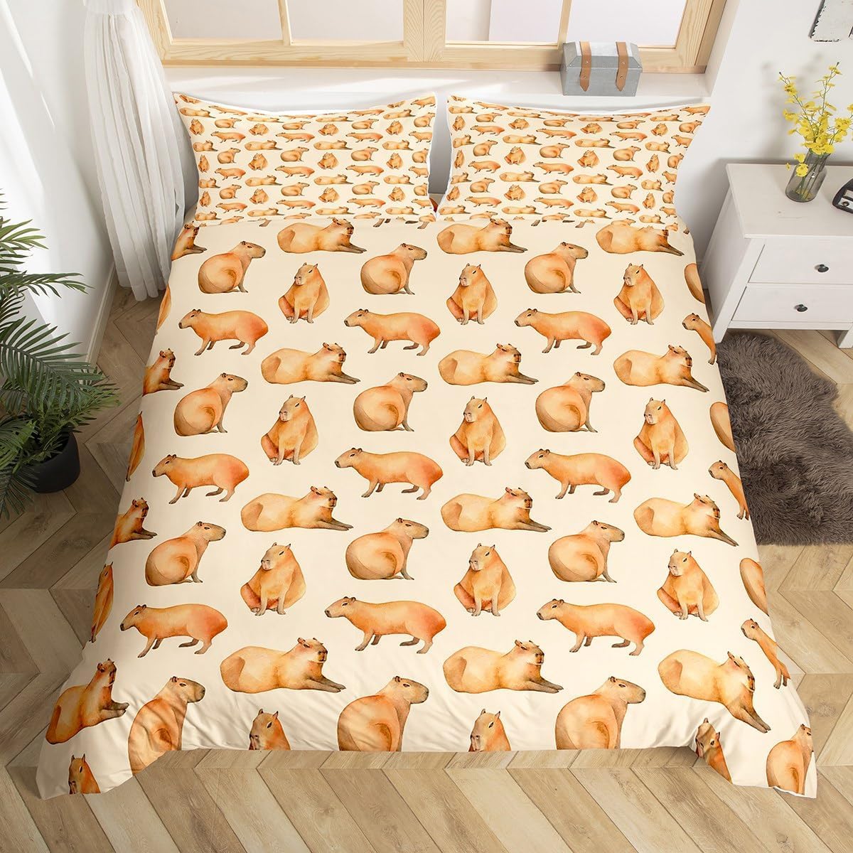 Brown Capybara Bedding Set Cartoon Capybara Bedding Floral Capybaras for Kids Boys Girls Teens Duvet Cover Funny Cute Capybara Bedspread Cover Room Decor Durable Quilt Cover King Size