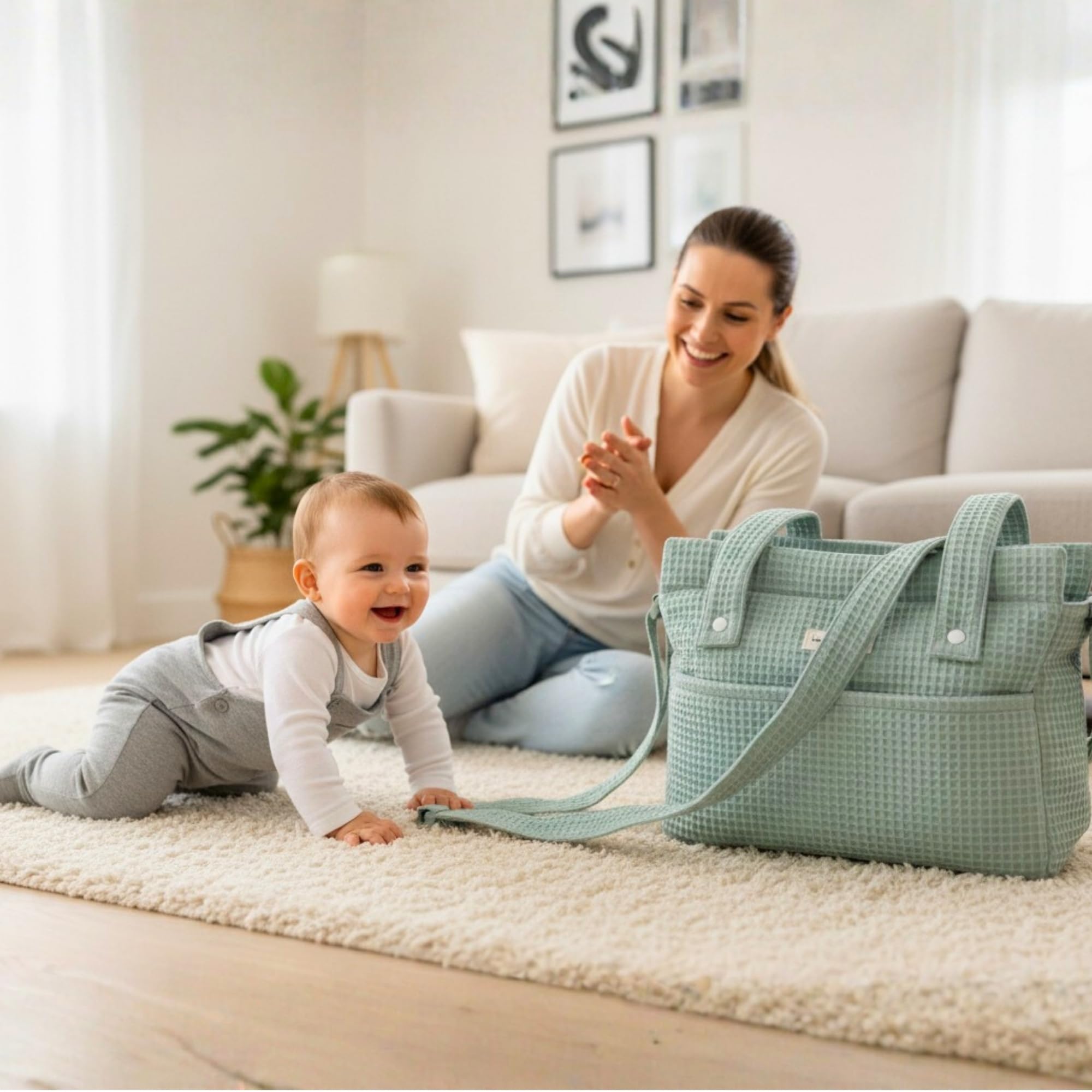 Bub&Beary Bolso Carrito Bebé 3 en 1 – Bolsa Paseo, Hospital y Organizador – Algodón Premium, Diseño Elegante y Sostenible – Regalo Baby Shower (Verde)