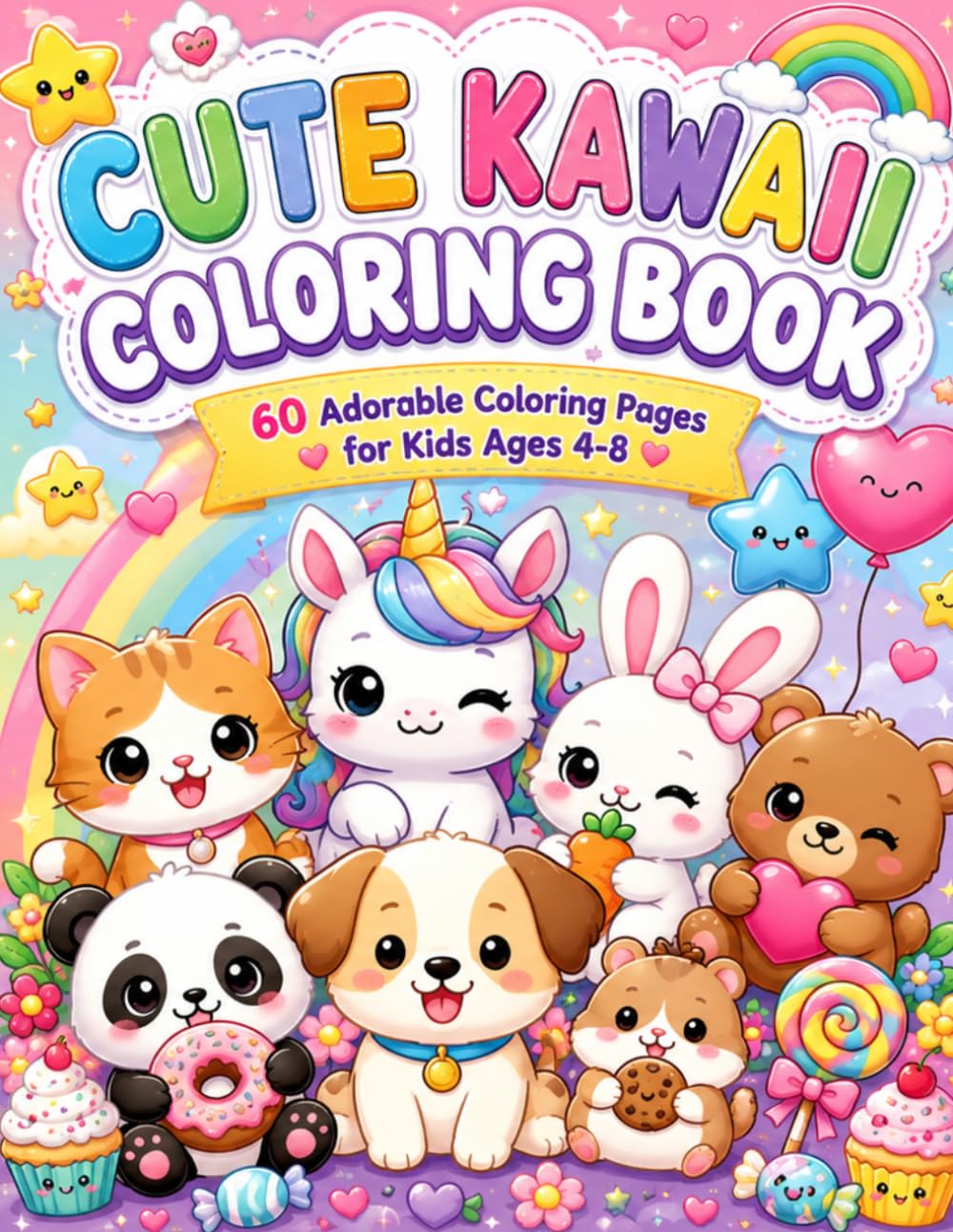 Cute Kawaii Coloring Book for Kids Ages 4-8: 60 Adorable Coloring Pages with Cute Animals, Unicorns, Sweet Treats, Rainbows, and Fun Kawaii Characters