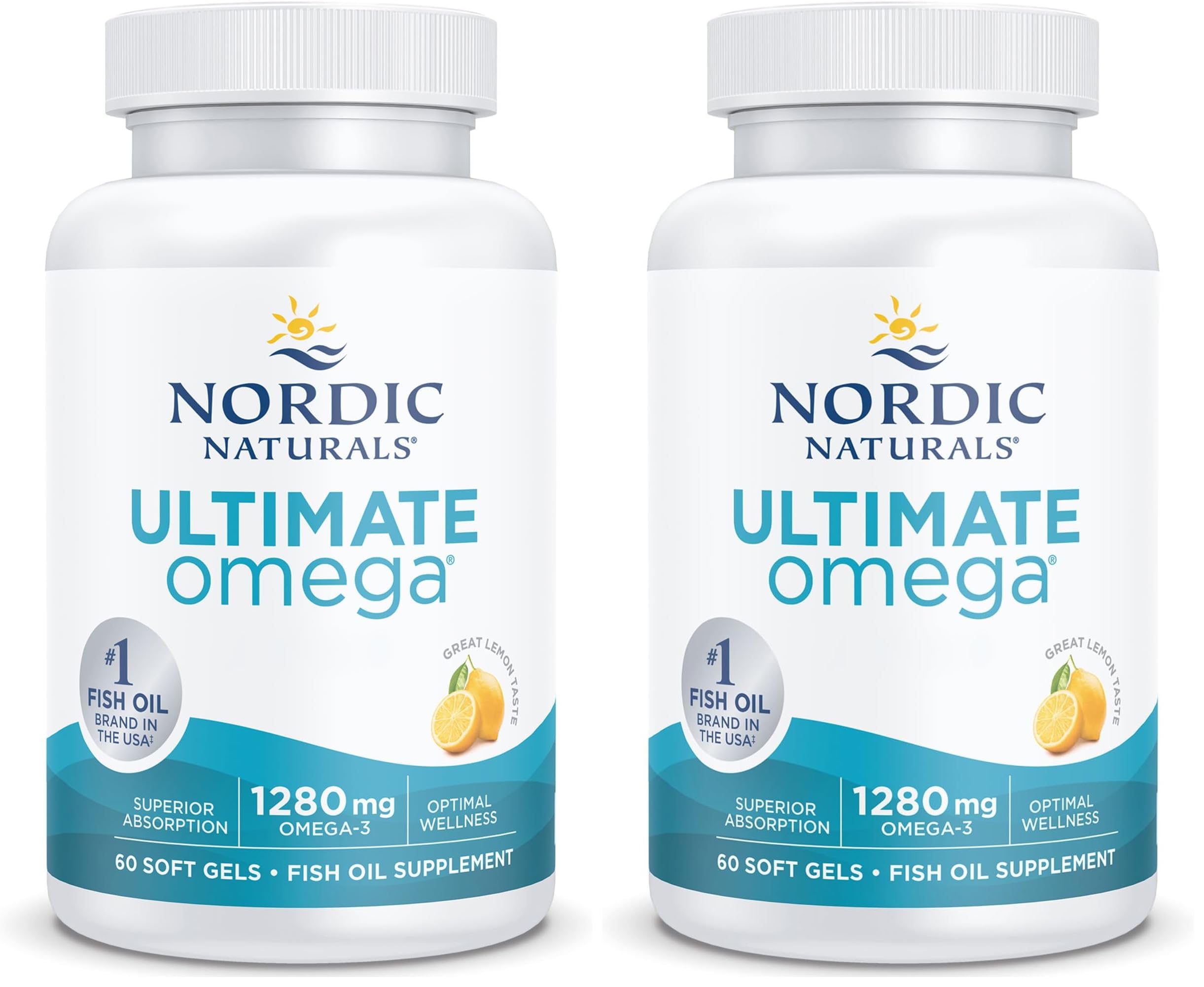 Nordic Naturals, Ultimate Omega-3, 1280mg, con EPA y DHA, Dosis Alta, Sabor Limón, 60 Cápsulas blandas, Testado en Laboratorio, Sin Soja, Sin Gluten, No GMO (Paquete de 2)