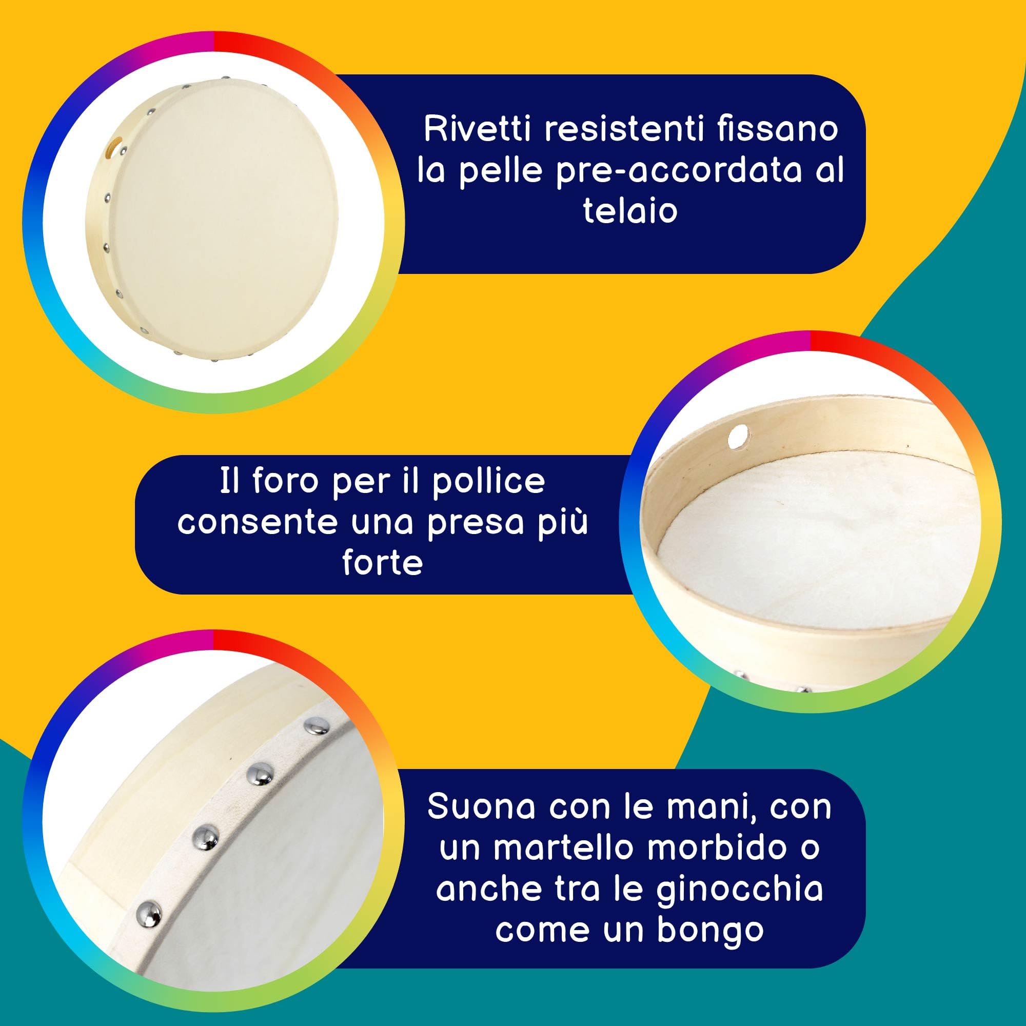 A-Star Tamburo a mano pre-accordato portatile da 10 pollici, testa in pelle naturale, tamburo a telaio da 25 cm di diametro