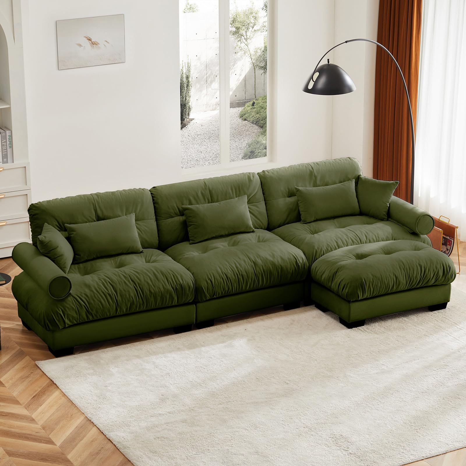 130"Oversized Couch, 3 Seater Modular Sectional Sofa, Olive Green Large L Shaped Sectional Couches for Living Room, Fluffy Couch Set, 3 Seater, Velvet Cloud Couches with Ottoman, Sofas for Living Room 3 Seater + 1 Ottoman Olive Green